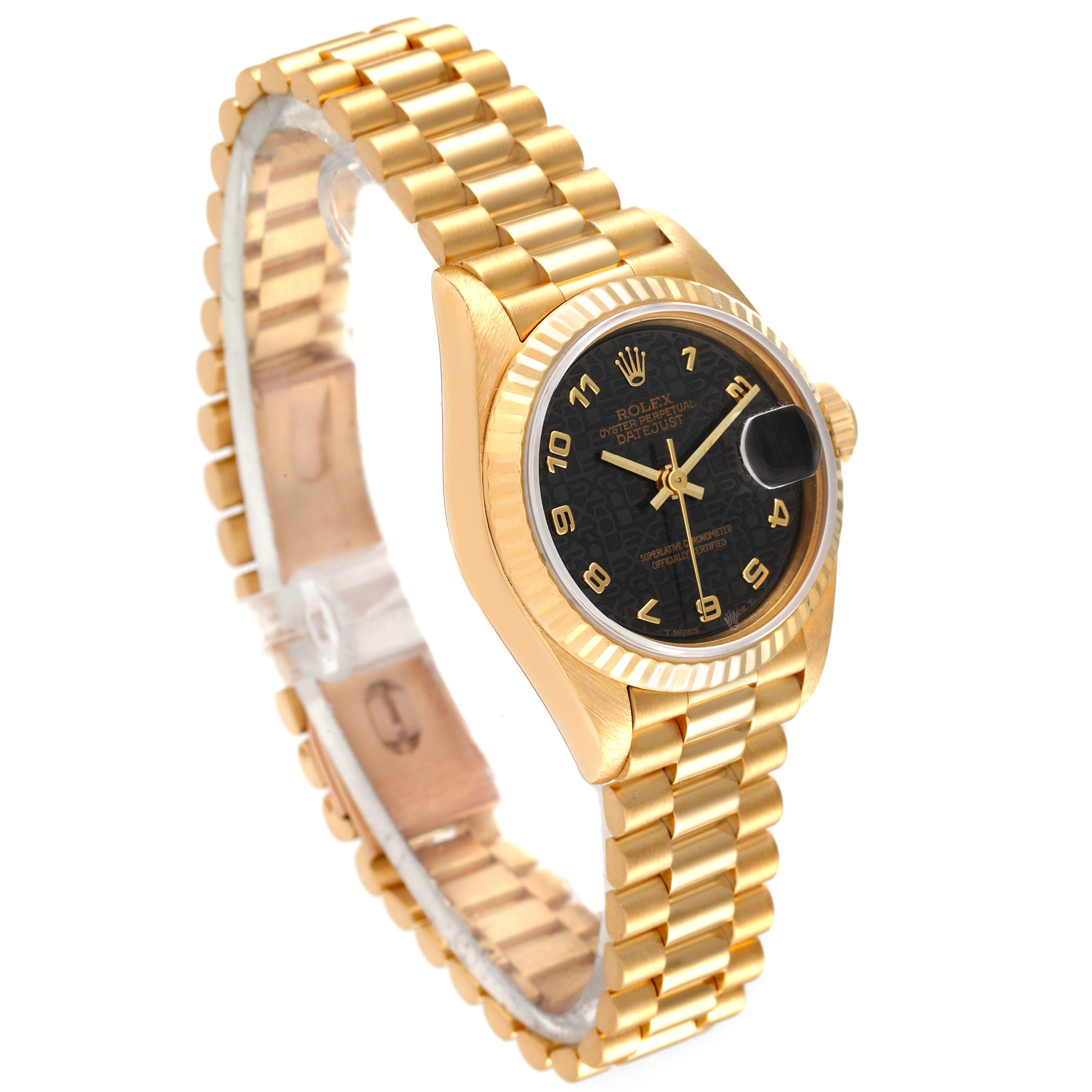 This image shows a Rolex President 69178 Women's Yellow Gold Black Dial 69178 Women's Yellow Gold Black Dial model watch at an angle, highlighting the face, bezel, and band.