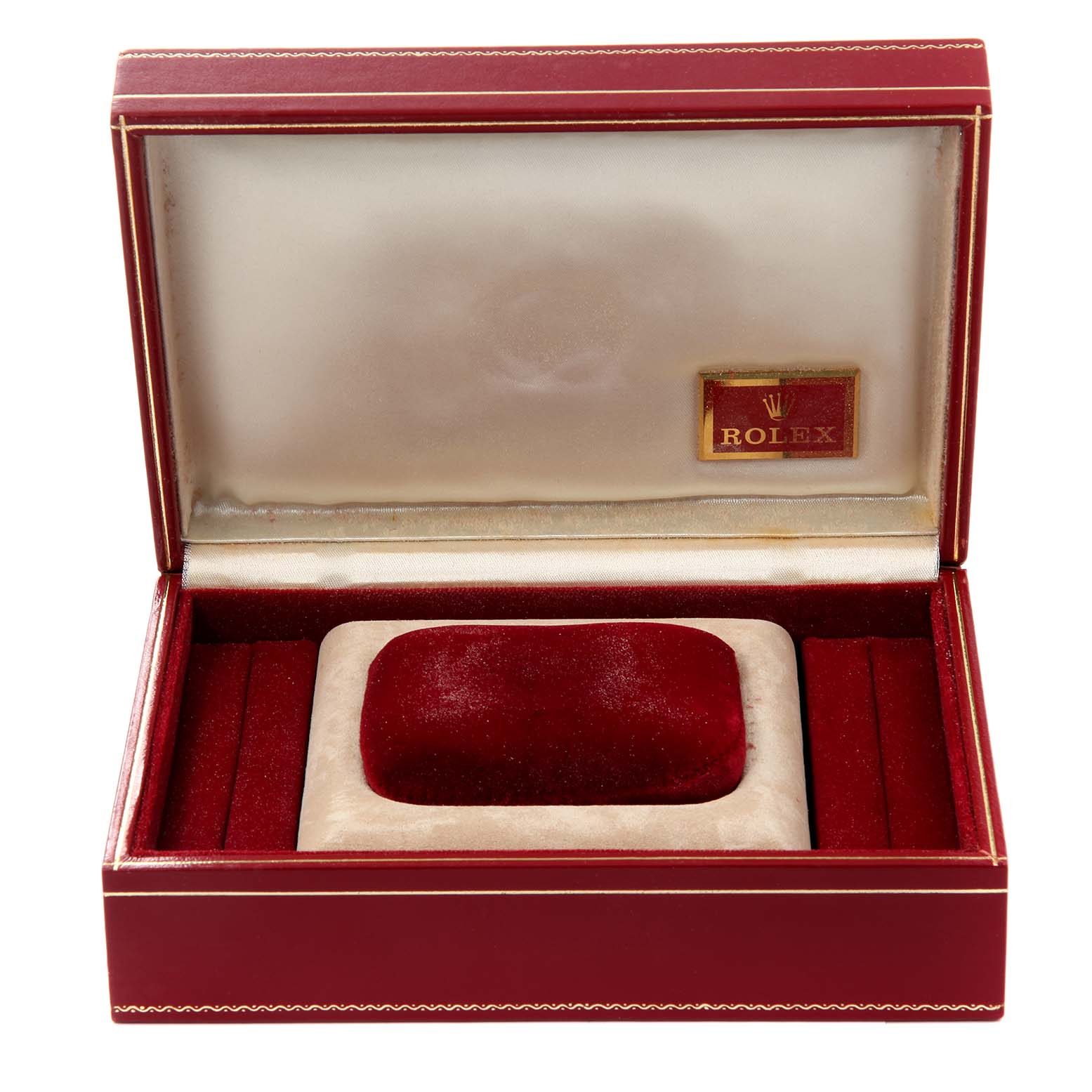 This image shows an empty open Rolex President 69178 Women's Yellow Gold Black Dial 69178 Women's Yellow Gold Black Dial model watch box from the front angle.