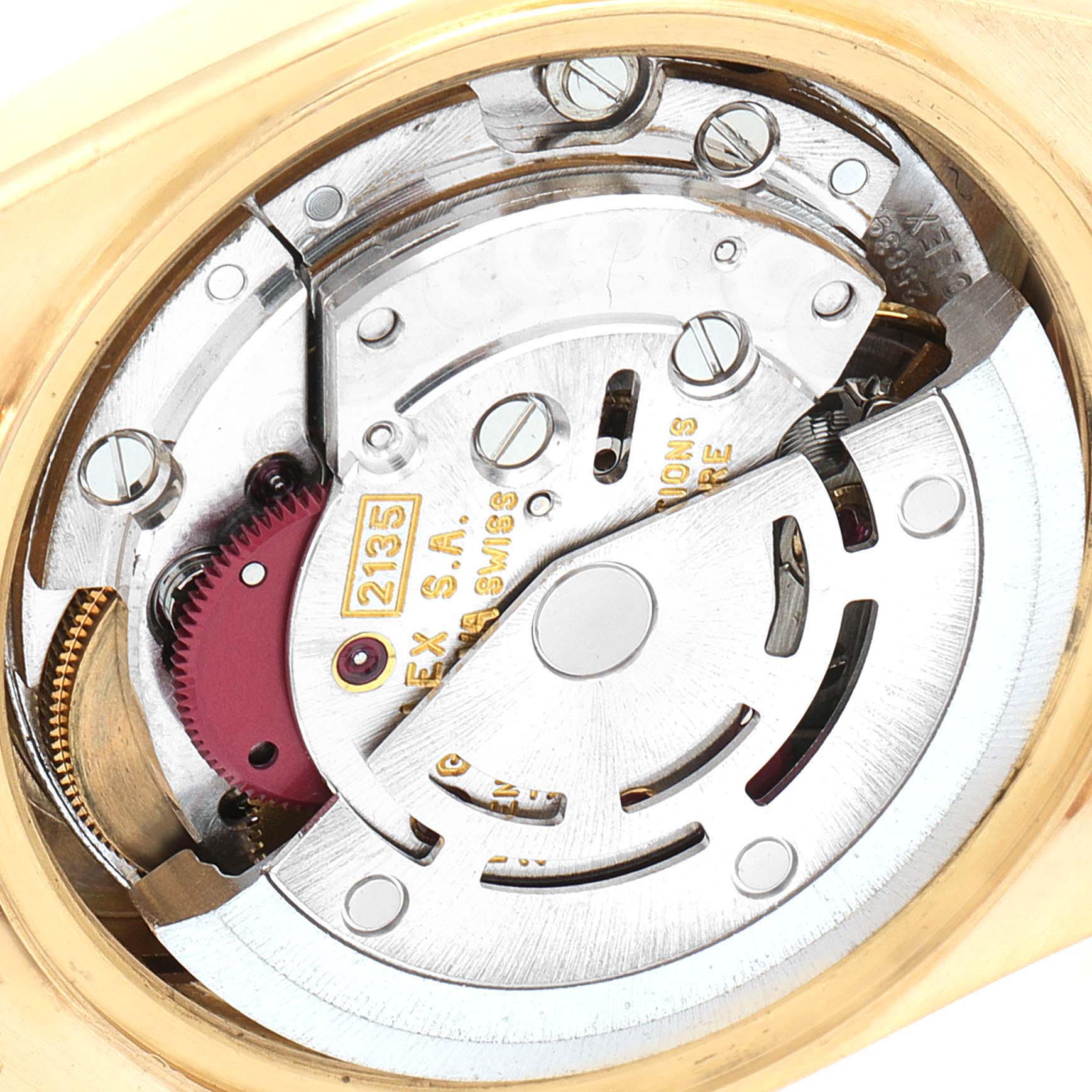 This image shows the rear view of the internal mechanism of a Rolex President 69178 Women's Yellow Gold Black Dial 69178 Women's Yellow Gold Black Dial model watch.