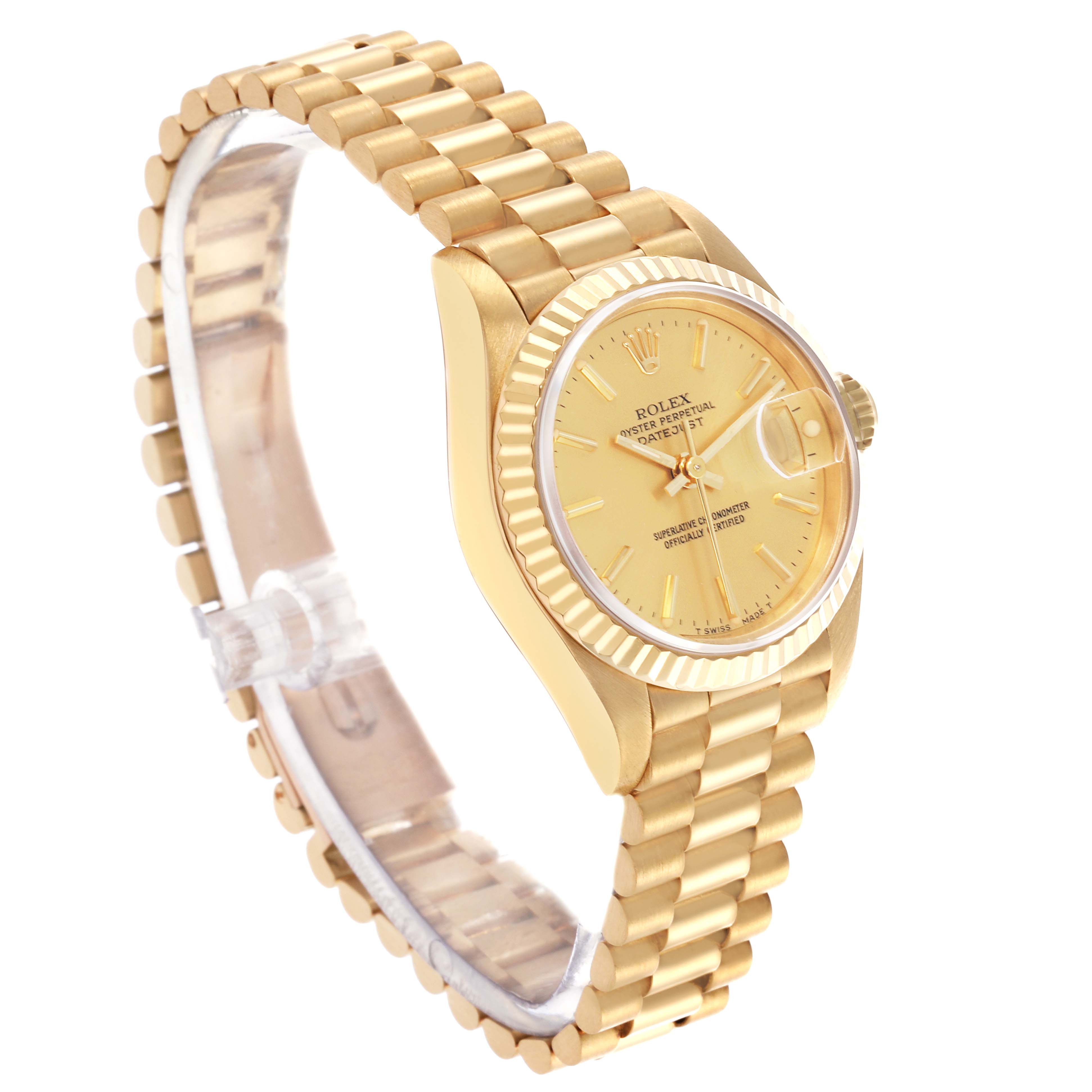 The Rolex President 69178 Women's Yellow Gold Champagne Dial 69178 Women's Yellow Gold Champagne Dial model watch is shown at a slight angle, highlighting the face, bracelet, and fluted bezel.
