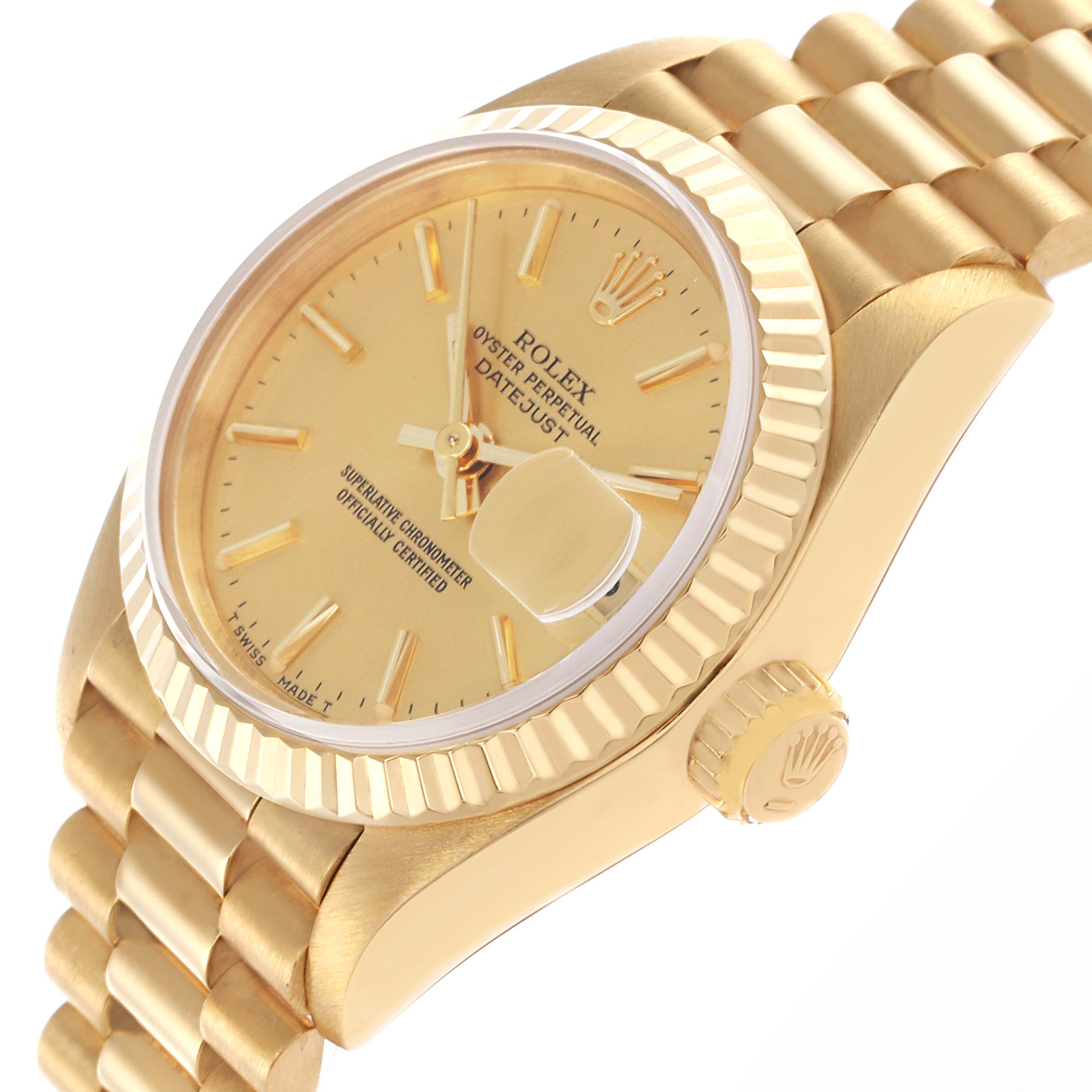 This image shows a side and front angle of the Rolex President 69178 Women's Yellow Gold Champagne Dial 69178 Women's Yellow Gold Champagne Dial model, highlighting the bezel, dial, crown, and part of the bracelet.