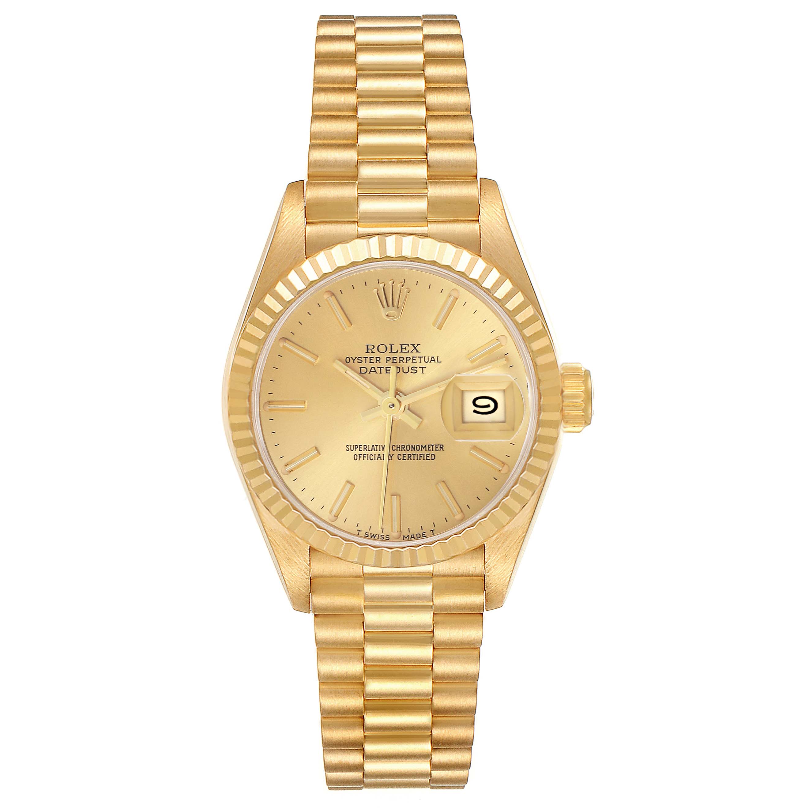 The image shows a frontal view of a Rolex President 69178 Women's Yellow Gold Champagne Dial 69178 Women's Yellow Gold Champagne Dial model watch, featuring the dial, bracelet, bezel, and crown.
