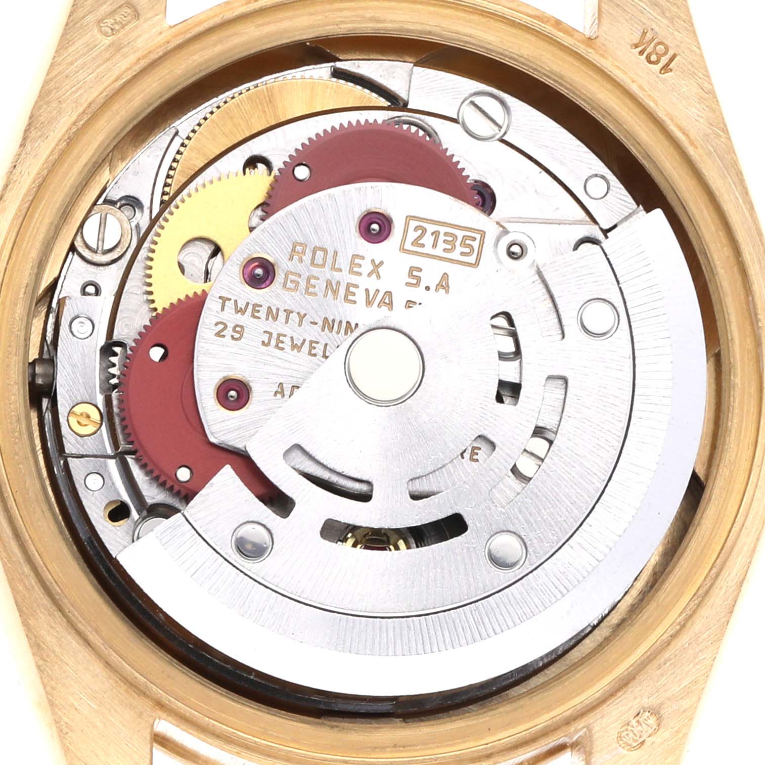 The image shows the movement mechanism of a Rolex President 69178 Women's Yellow Gold Champagne Dial 69178 Women's Yellow Gold Champagne Dial model watch from the back, detailing its inner components.