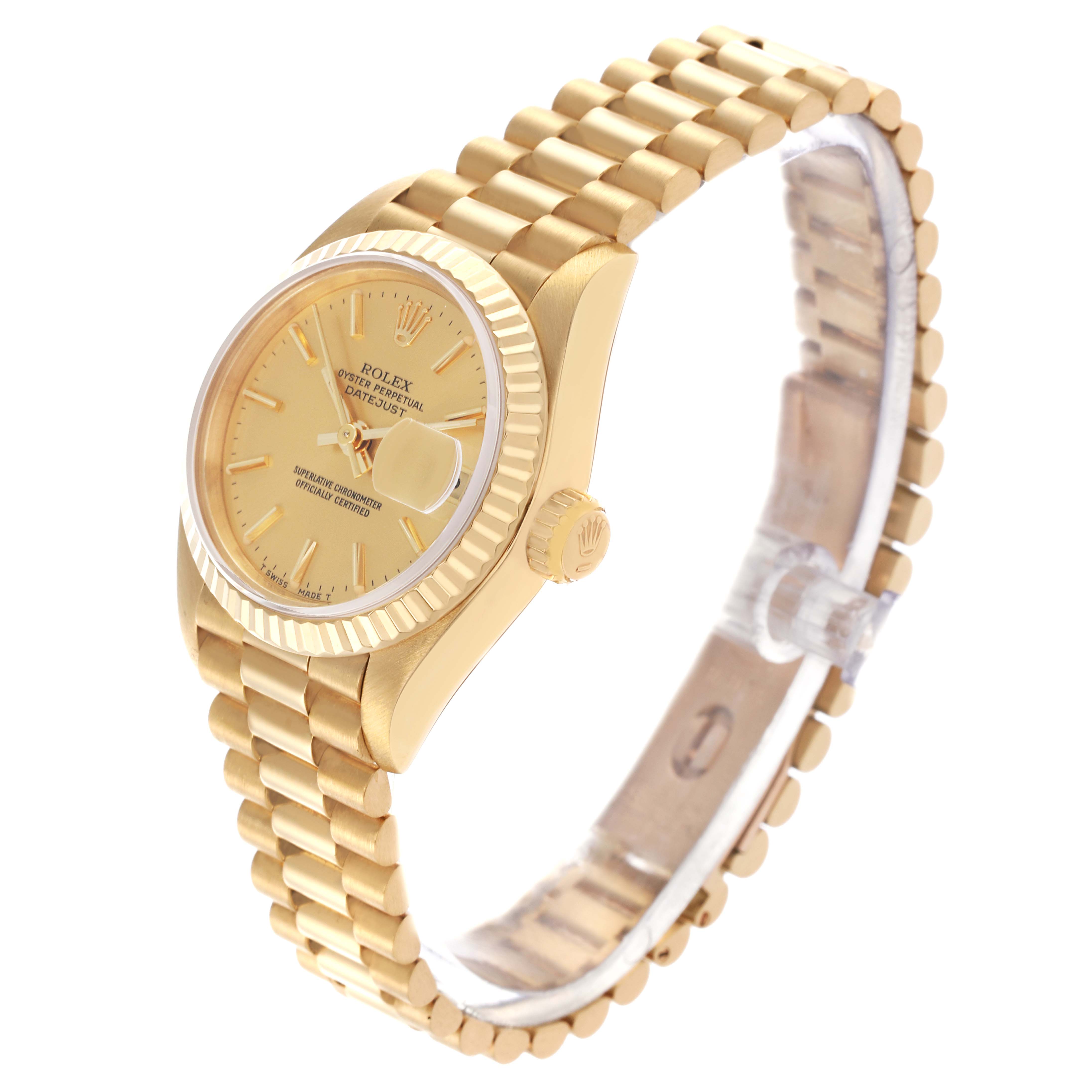 The Rolex President 69178 Women's Yellow Gold Champagne Dial 69178 Women's Yellow Gold Champagne Dial watch is shown at an angled side view, highlighting the face, case, crown, and bracelet.