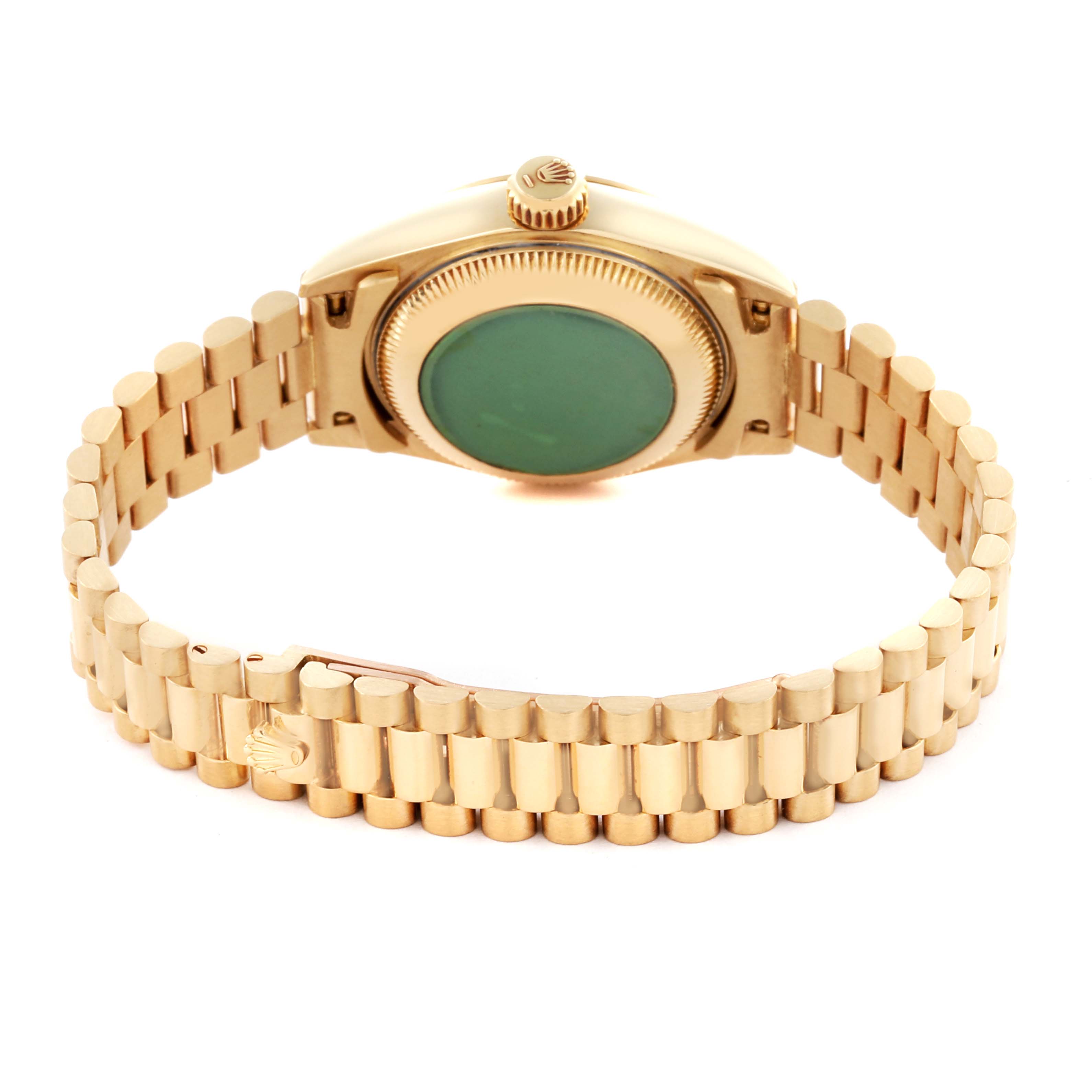 The image shows the back view of a Rolex President 69178 Women's Yellow Gold Champagne Dial 69178 Women's Yellow Gold Champagne Dial watch, highlighting the bracelet and case back.