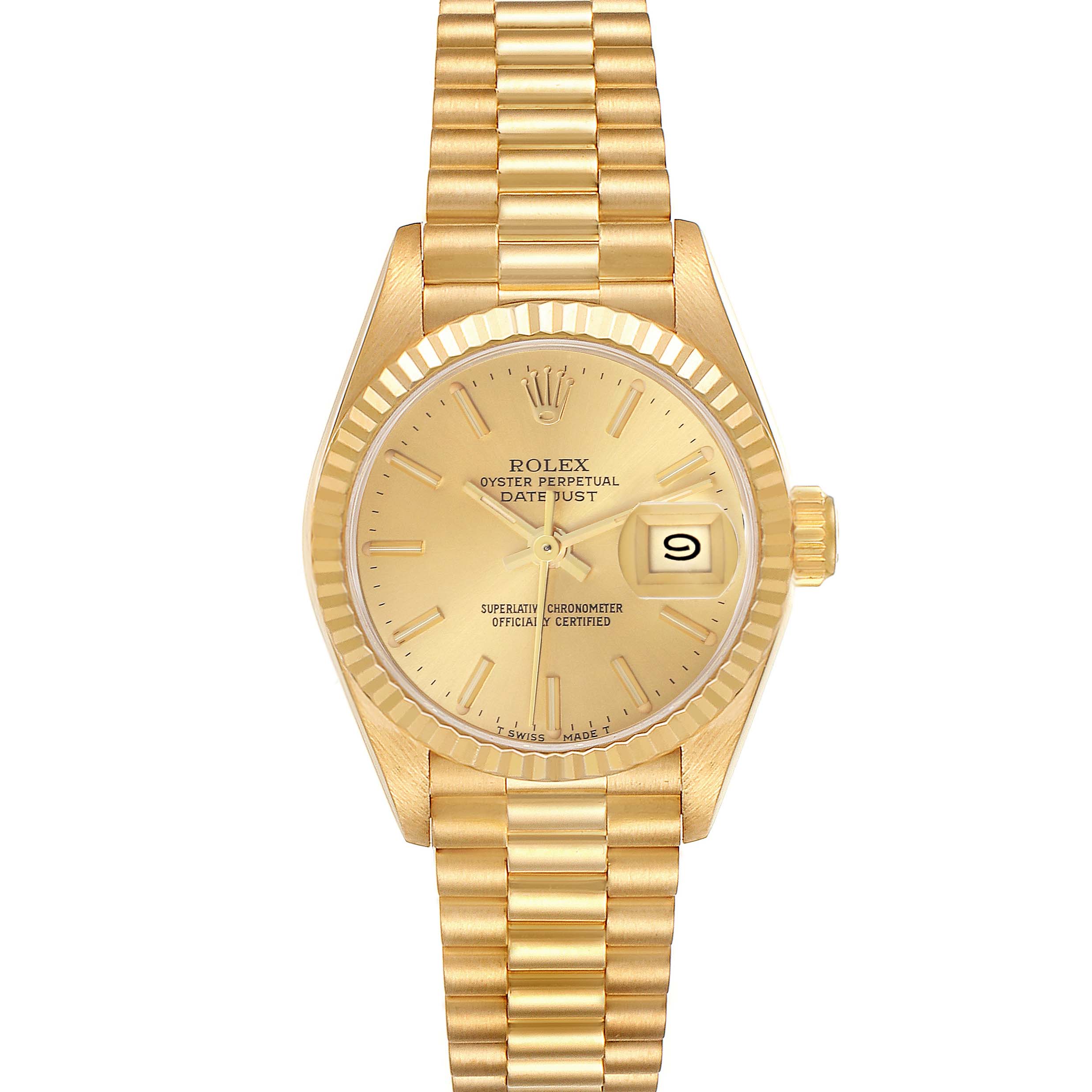 The Rolex President 69178 Women's Yellow Gold Champagne Dial 69178 Women's Yellow Gold Champagne Dial model watch is shown from the front, displaying its gold dial, fluted bezel, and presidential bracelet.
