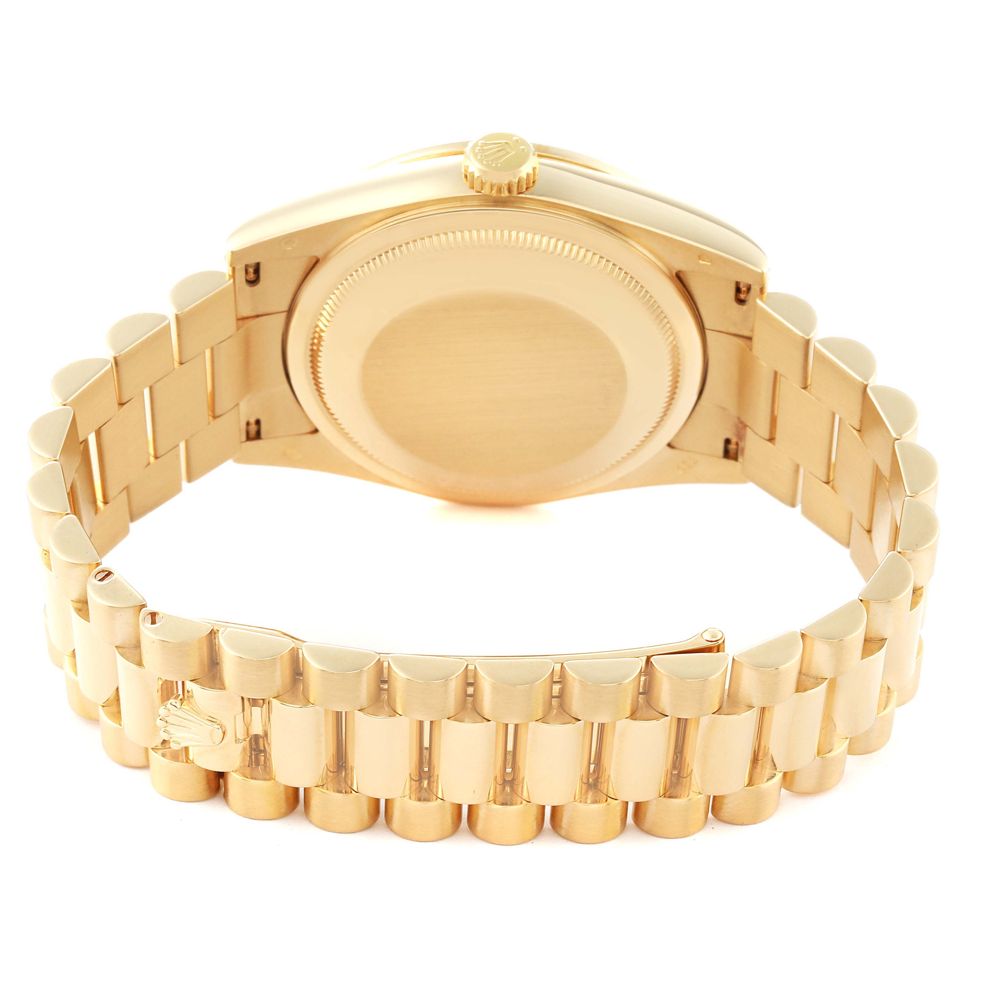 This image shows the back view of a Rolex President 118388 Men
s Yellow Gold Champagne Dial 118388 Men
s Yellow Gold Champagne Dial model watch, highlighting its case back and bracelet.