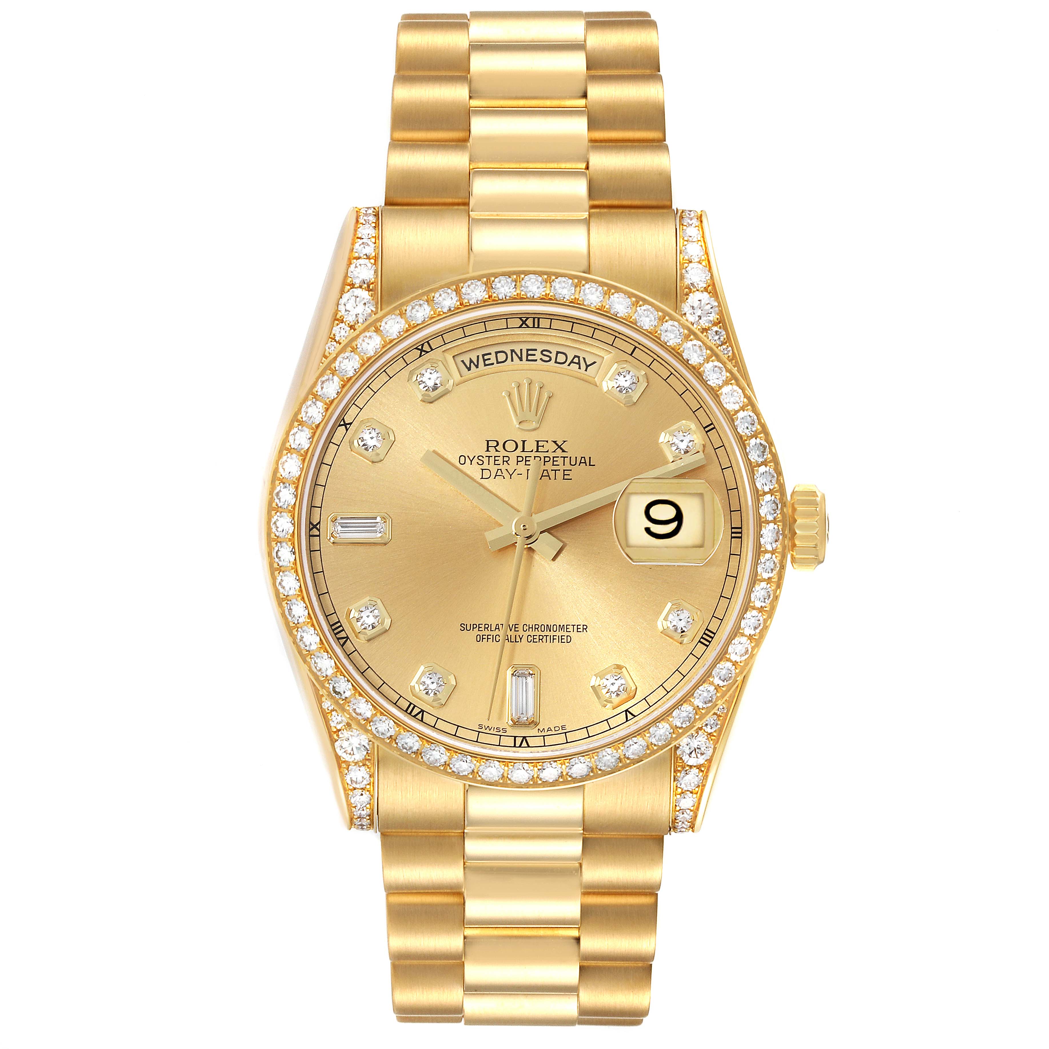 This image shows a front view of the Rolex President 118388 Men
s Yellow Gold Champagne Dial 118388 Men
s Yellow Gold Champagne Dial model watch, showcasing its gold bracelet, diamond bezel, and dial.