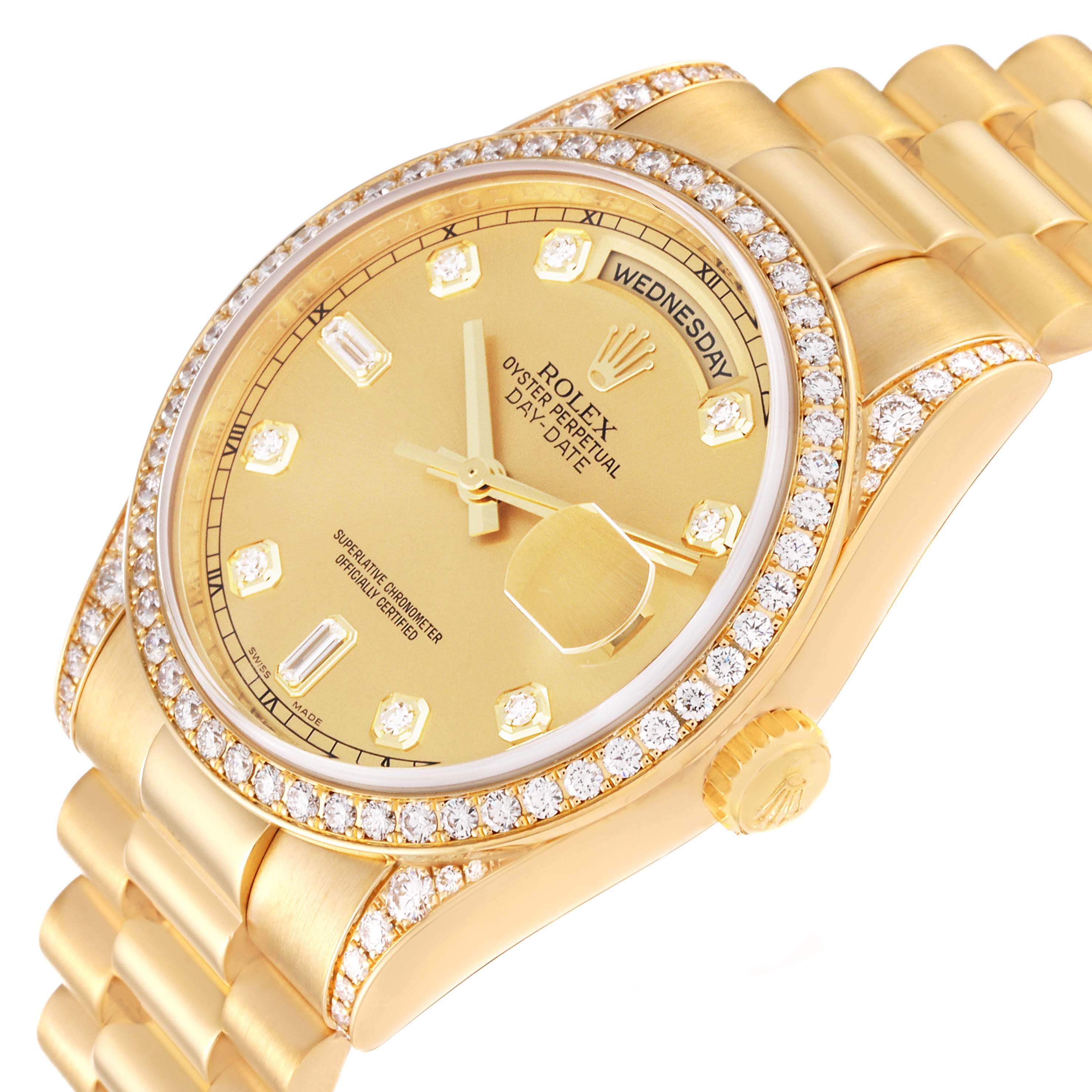The image shows a Rolex President 118388 Men
s Yellow Gold Champagne Dial 118388 Men
s Yellow Gold Champagne Dial model watch, featuring its gold case, diamond bezel, and bracelet at an angled view.
