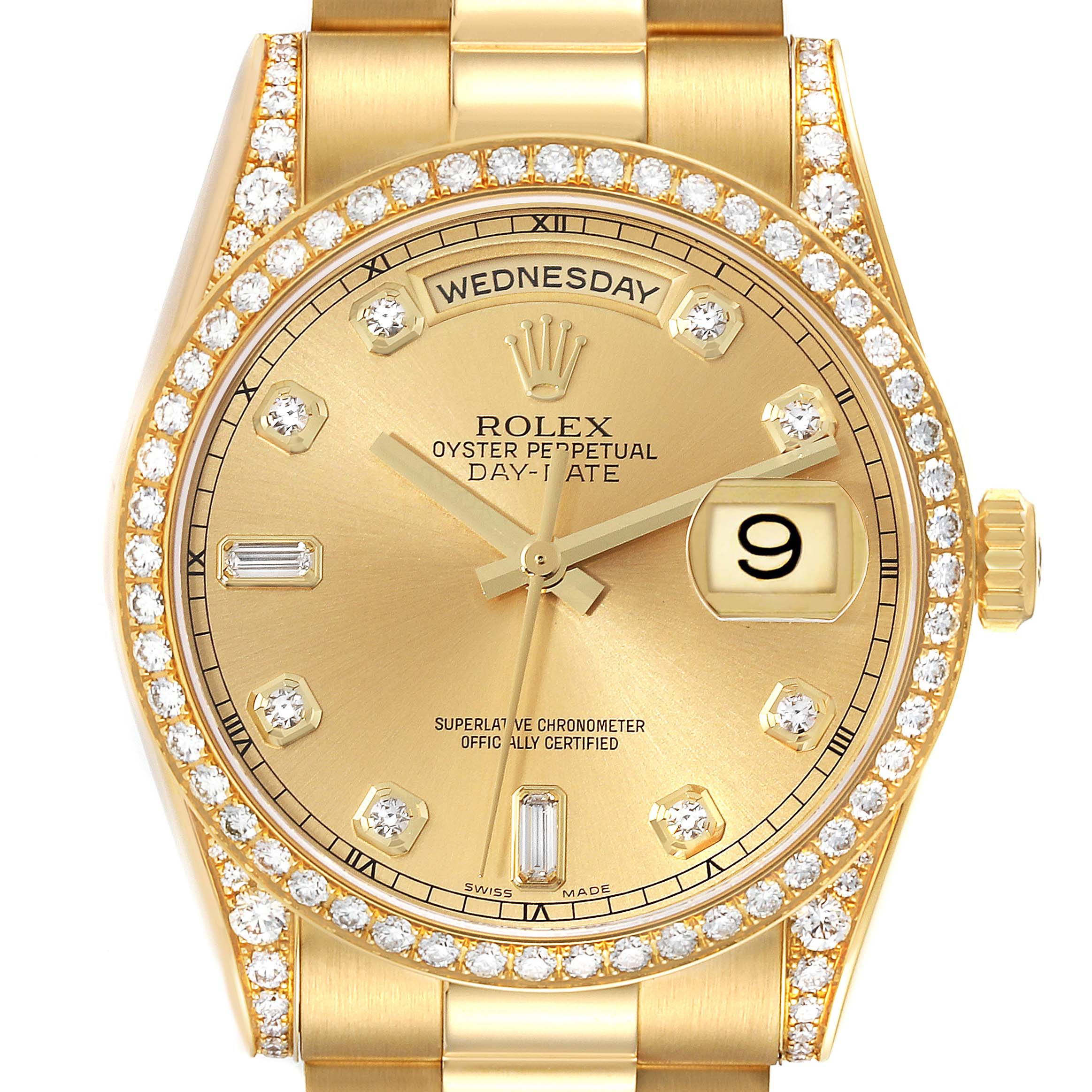 The image shows a close-up, frontal view of the Rolex President 118388 Men
s Yellow Gold Champagne Dial 118388 Men
s Yellow Gold Champagne Dial model watch, highlighting the dial, bezel, and band.
