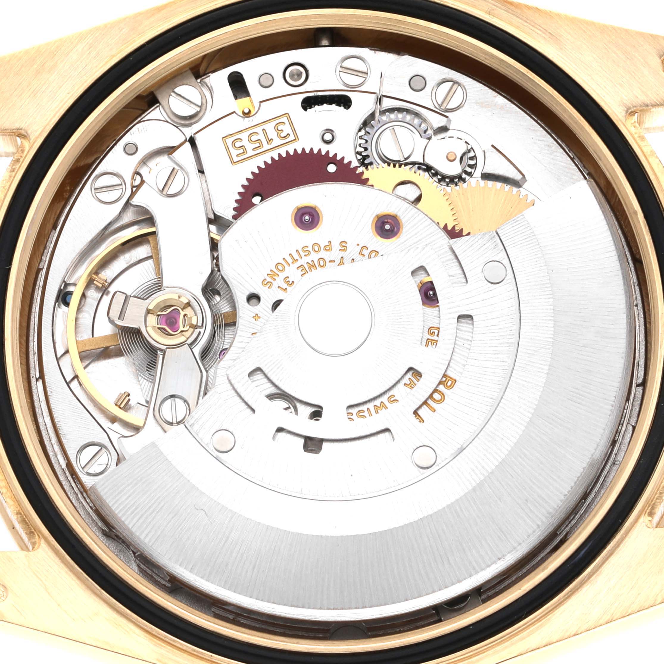 The image shows the movement and internal components of a Rolex President 118388 Men
s Yellow Gold Champagne Dial 118388 Men
s Yellow Gold Champagne Dial model watch, viewed from the back.