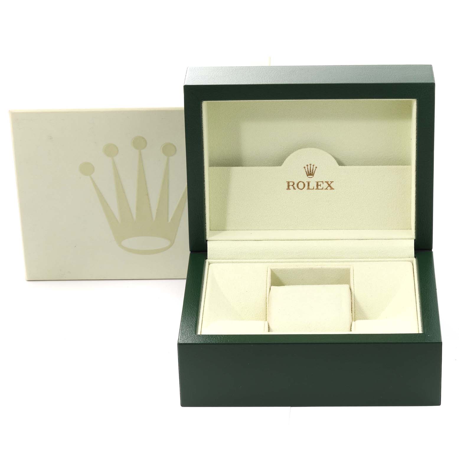 This image shows an open watch box for a Rolex President 118388 Men
s Yellow Gold Champagne Dial 118388 Men
s Yellow Gold Champagne Dial model.