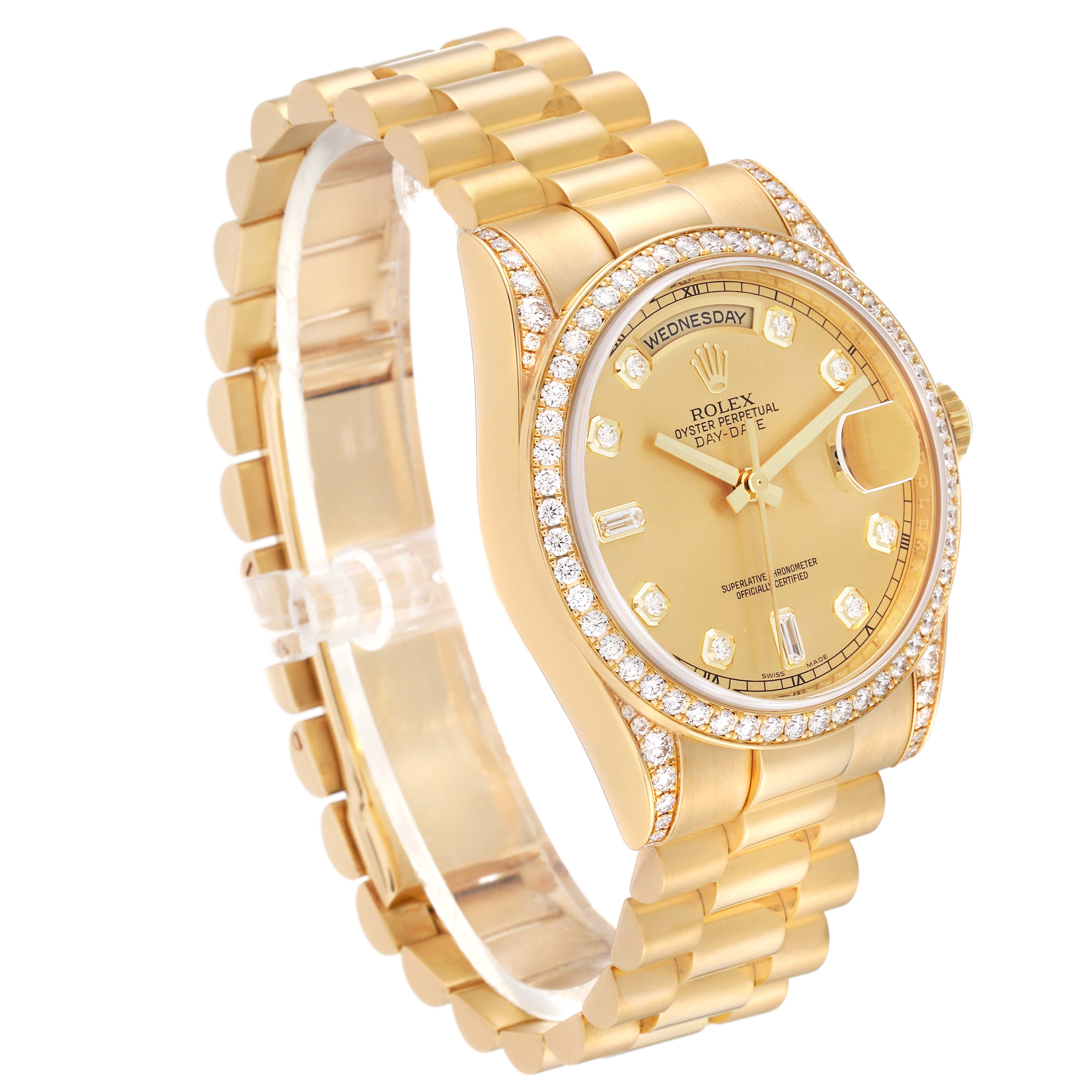 This image shows a Rolex President 118388 Men
s Yellow Gold Champagne Dial 118388 Men
s Yellow Gold Champagne Dial model watch at a 45-degree angle, highlighting its gold bracelet and diamond-encrusted bezel.