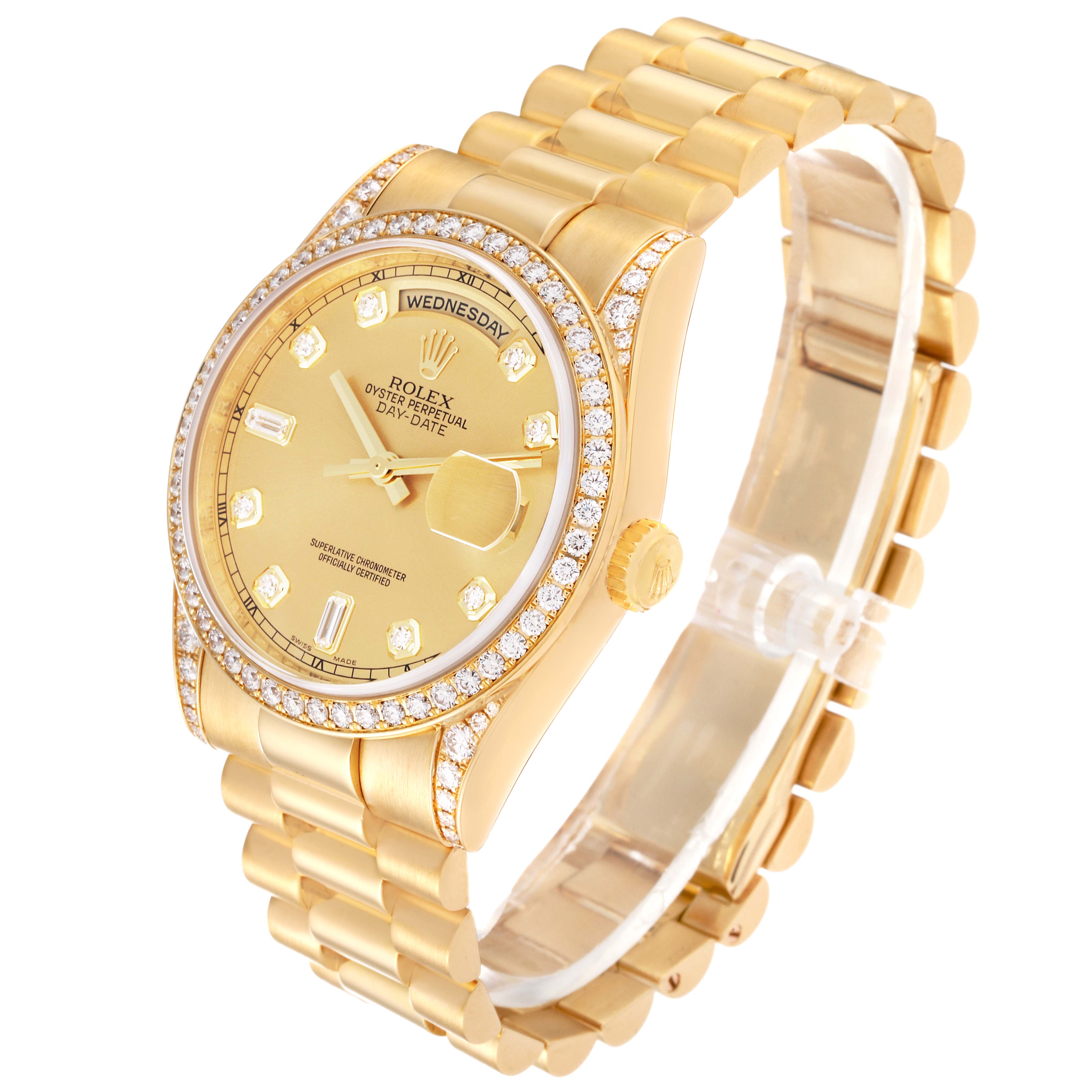 The Rolex President 118388 Men
s Yellow Gold Champagne Dial 118388 Men
s Yellow Gold Champagne Dial watch is shown at a slight angle, highlighting the gold band, diamond-encrusted bezel, dial, and day-date display.