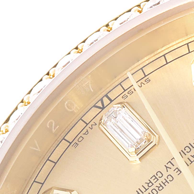 The image shows a close-up of the dial, bezel, and part of the fluted edge of the Rolex President 118388 Men
s Yellow Gold Champagne Dial 118388 Men
s Yellow Gold Champagne Dial watch.