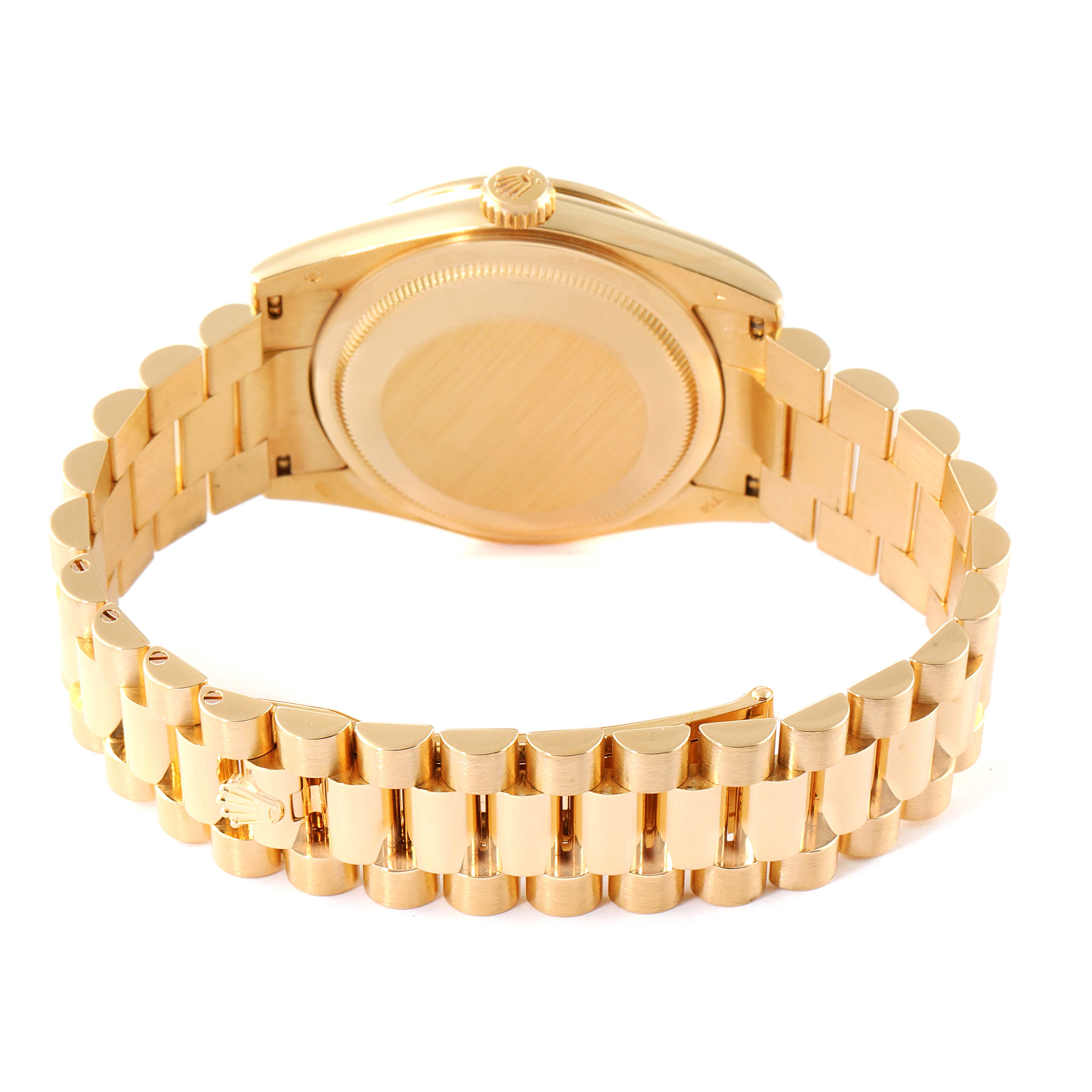 The image shows the back case and bracelet of a Rolex President 118388 Men
s Yellow Gold Champagne Dial 118388 Men
s Yellow Gold Champagne Dial model watch viewed from the rear angle.