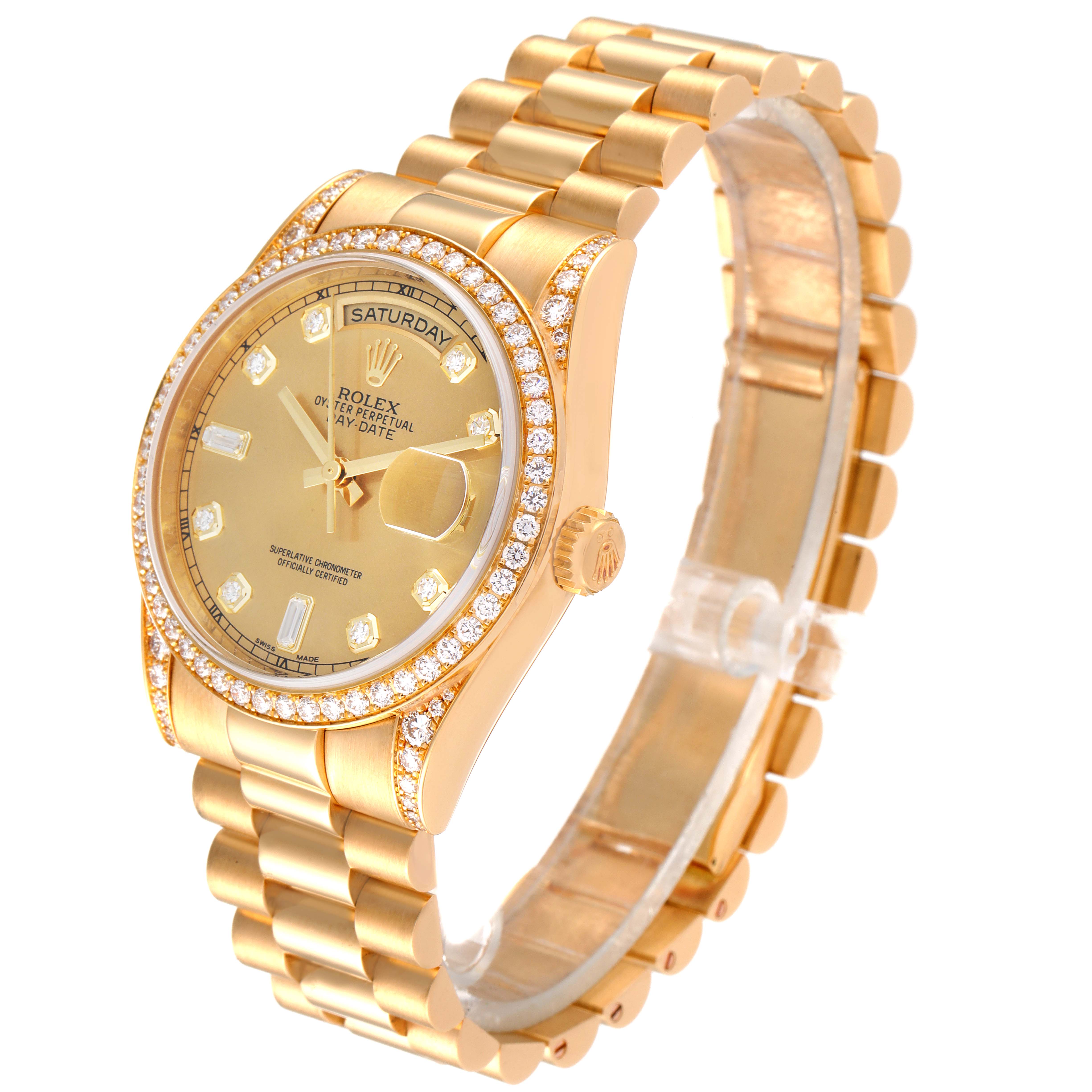 This image shows a side angle of the Rolex President 118388 Men
s Yellow Gold Champagne Dial 118388 Men
s Yellow Gold Champagne Dial model, featuring the watch face, bezel, crown, and bracelet.