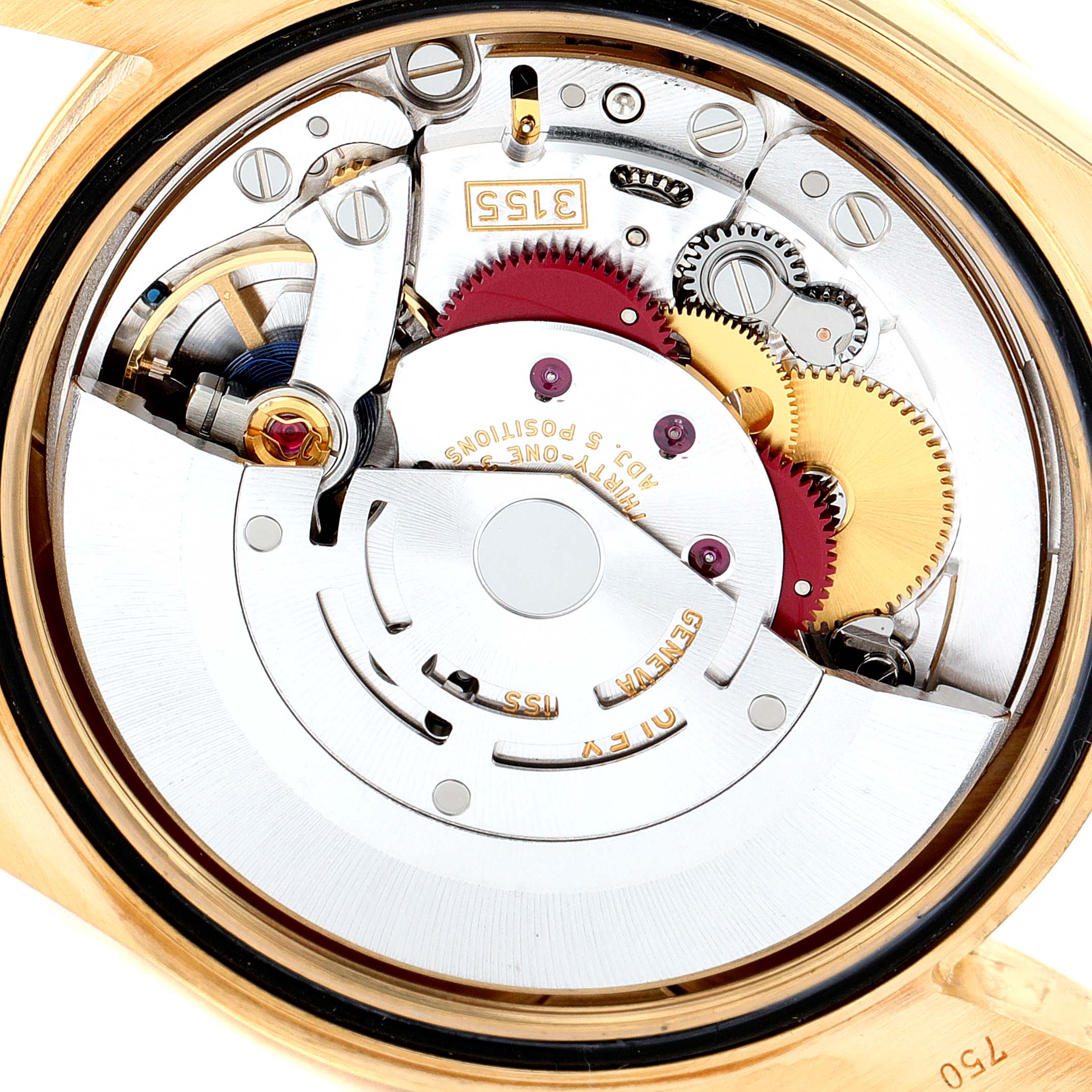 This image shows the internal mechanical movement of a Rolex President 118388 Men
s Yellow Gold Champagne Dial 118388 Men
s Yellow Gold Champagne Dial model watch, viewed from the back.