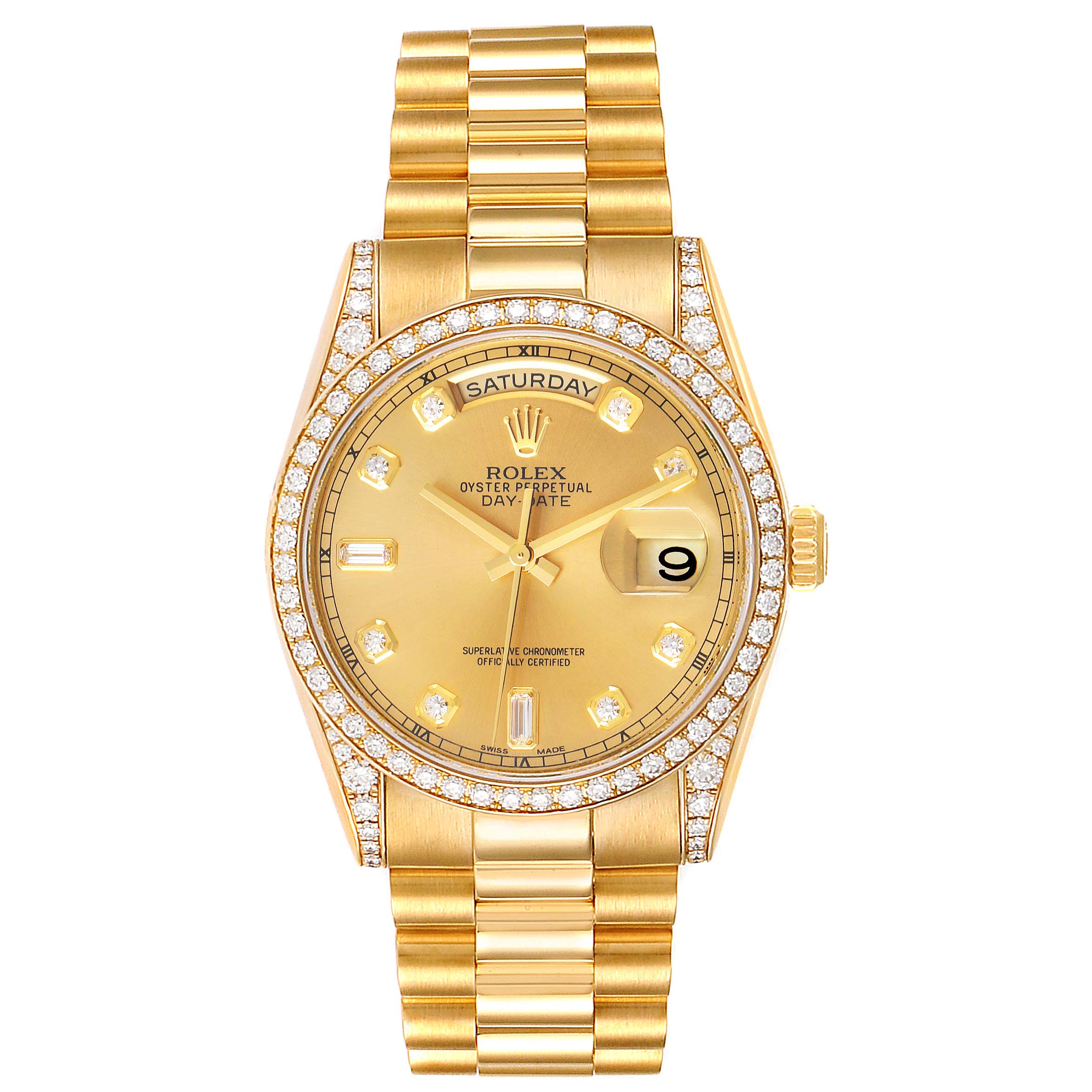 The image shows a front view of the Rolex President 118388 Men
s Yellow Gold Champagne Dial 118388 Men
s Yellow Gold Champagne Dial model watch, highlighting the gold bracelet, diamond-set bezel, and day-date display.