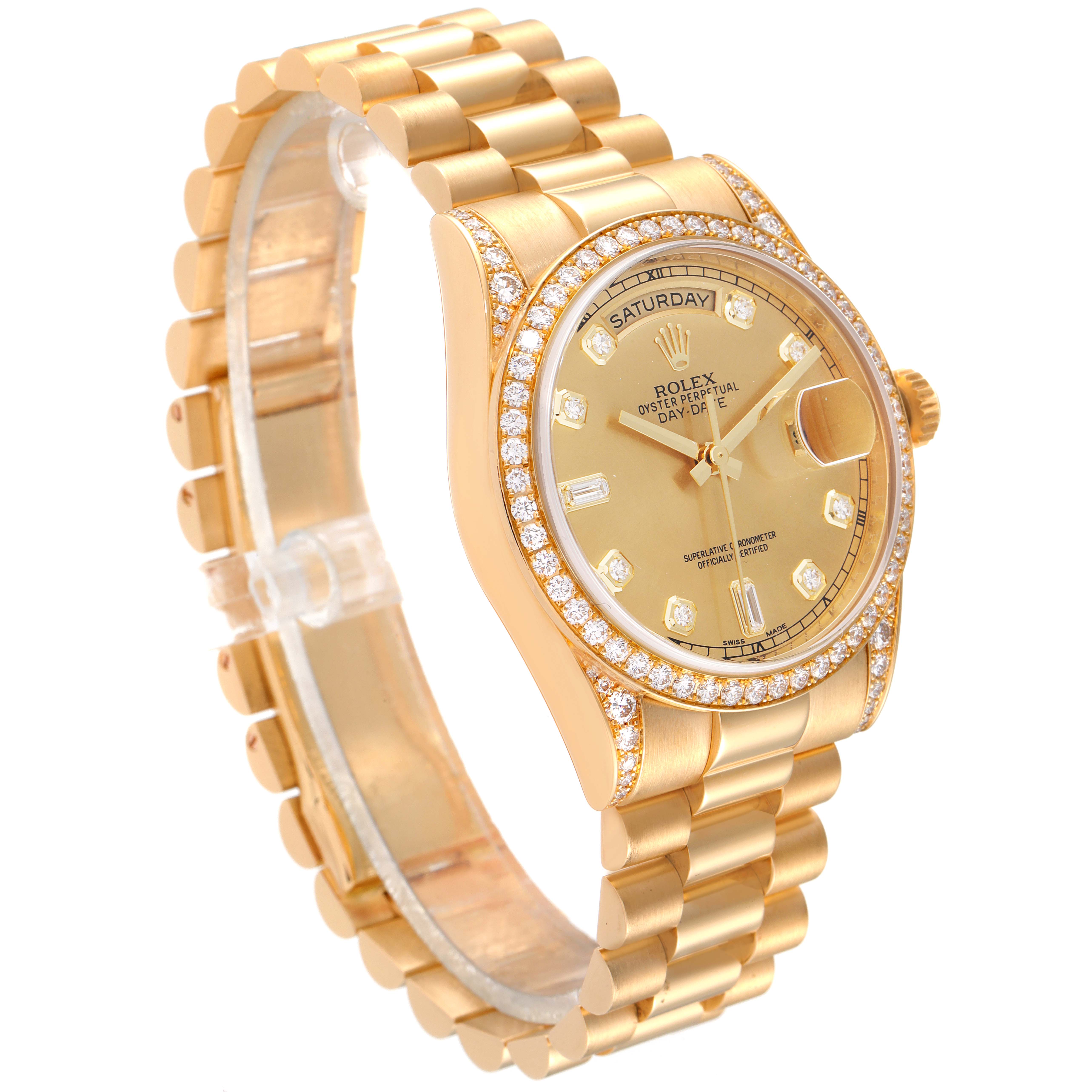 This Rolex President 118388 Men
s Yellow Gold Champagne Dial 118388 Men
s Yellow Gold Champagne Dial model watch is shown from an angled side view highlighting the band and diamond-encrusted bezel.