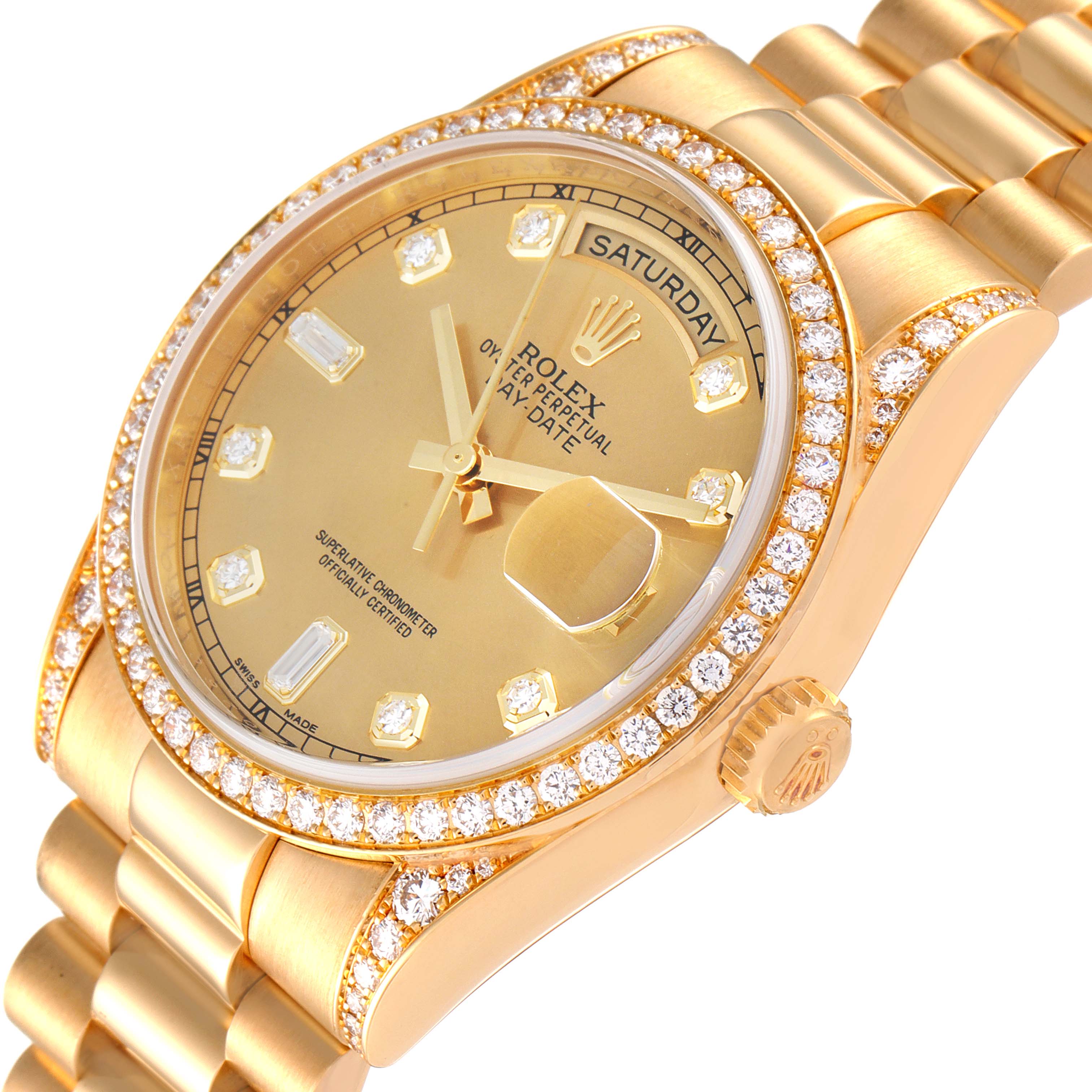 This image shows the dial, bezel, crown, and part of the bracelet of the Rolex President 118388 Men
s Yellow Gold Champagne Dial 118388 Men
s Yellow Gold Champagne Dial model watch, angled slightly from the side.