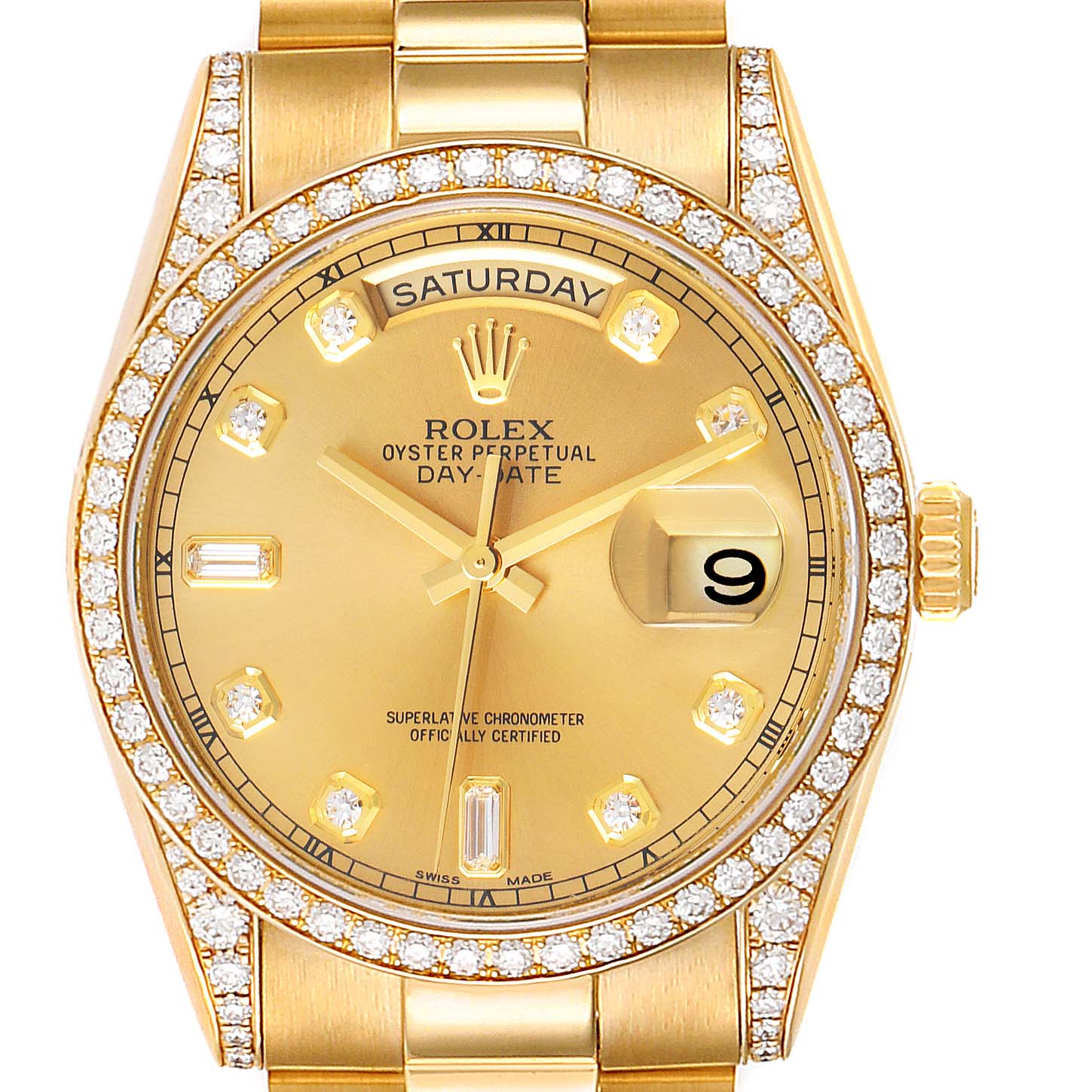 The image shows a front view of the Rolex President 118388 Men
s Yellow Gold Champagne Dial 118388 Men
s Yellow Gold Champagne Dial model watch, including its dial, bezel, and part of the bracelet.