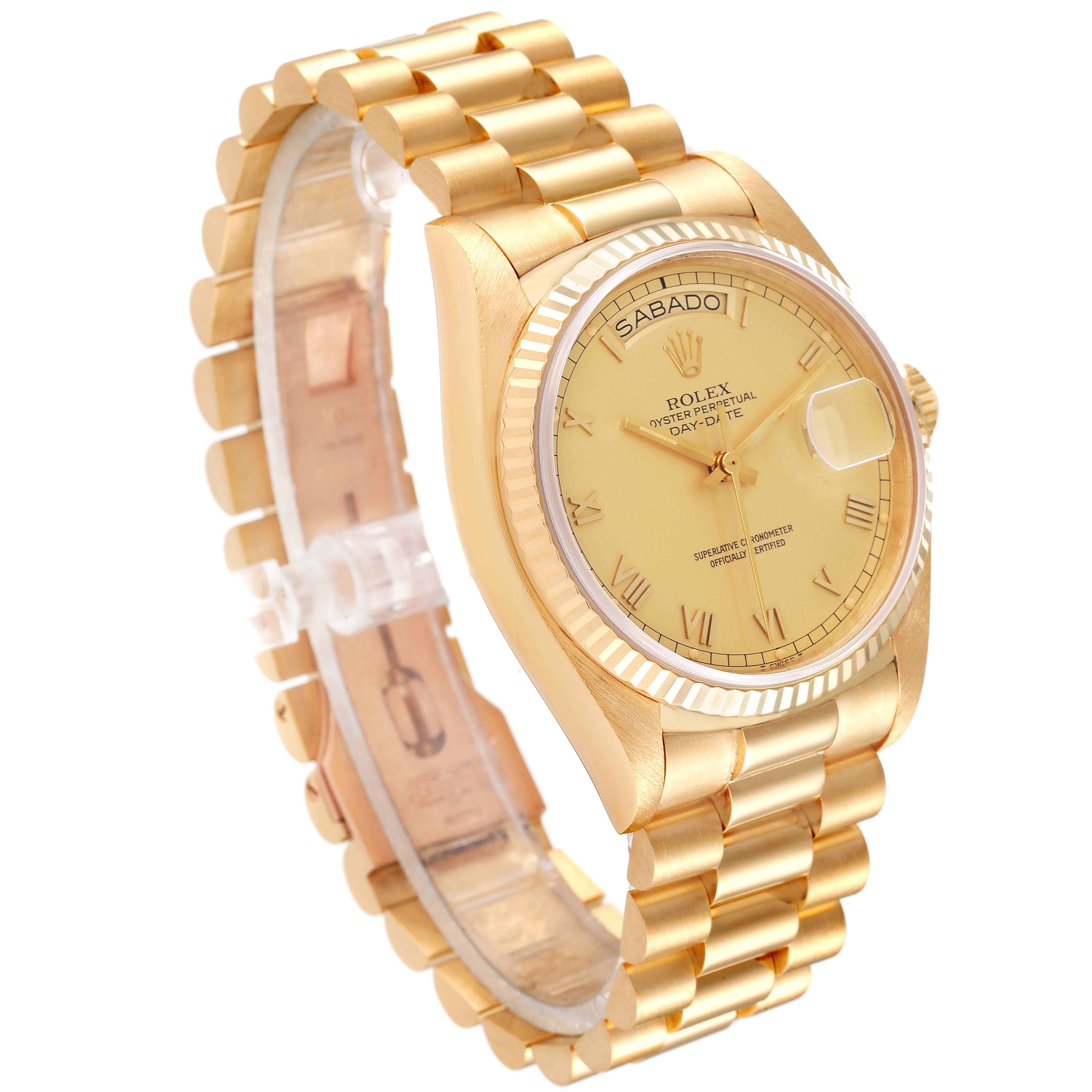 The Rolex President 18038 Men's Yellow Gold Champagne Dial 18038 Men's Yellow Gold Champagne Dial model watch is shown at a slight angle, highlighting the dial, bezel, and bracelet.