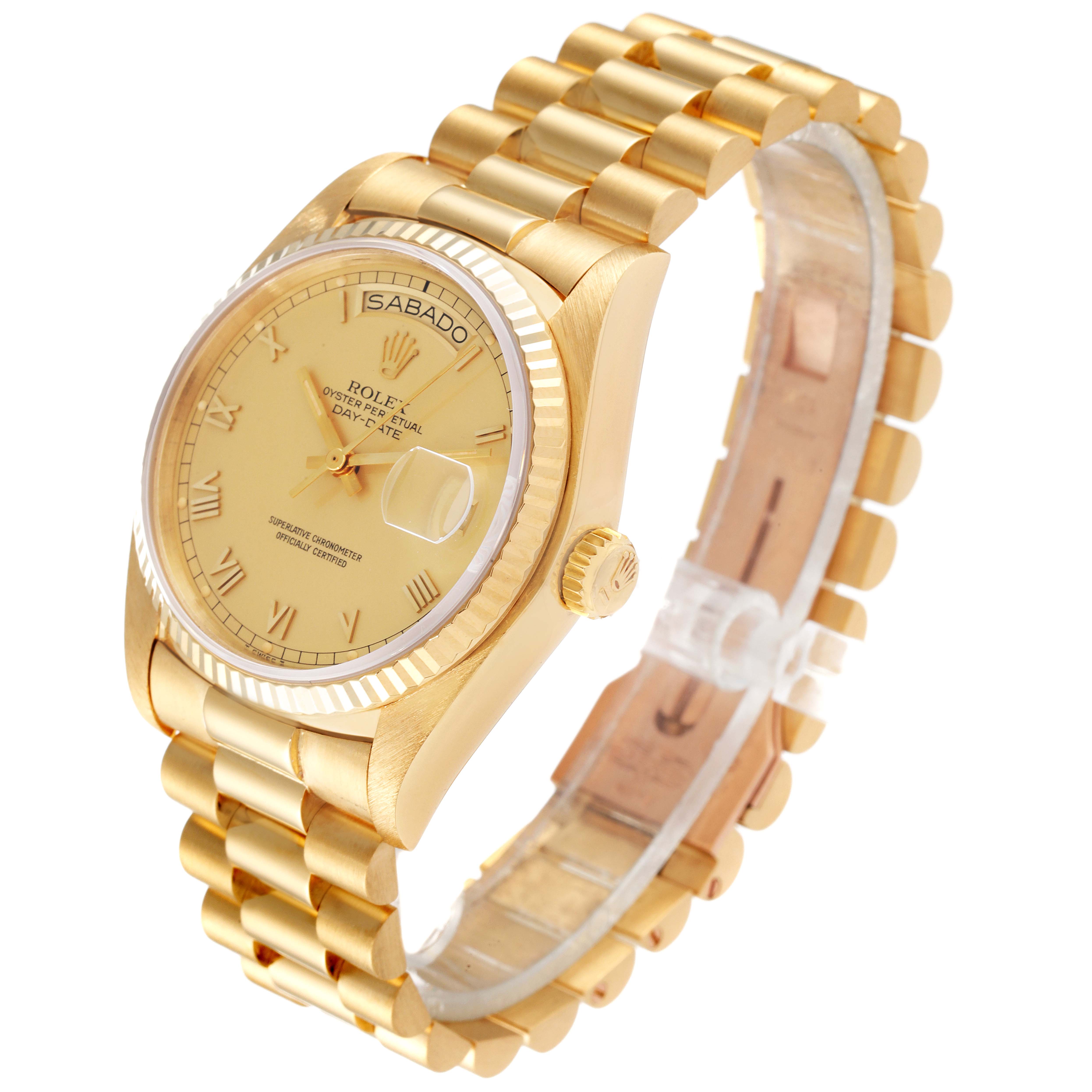 The Rolex President 18038 Men's Yellow Gold Champagne Dial 18038 Men's Yellow Gold Champagne Dial model watch is shown at a three-quarter angle, displaying the dial, bezel, crown, and bracelet.