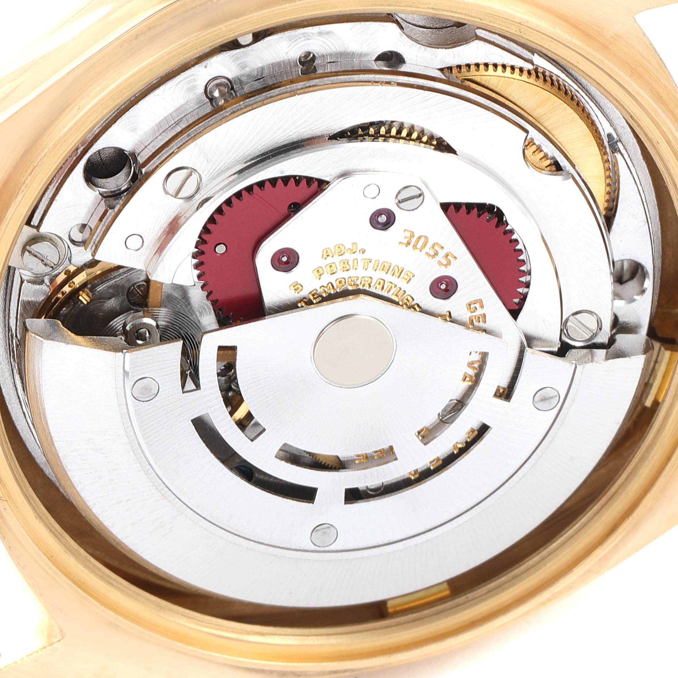This image shows the internal mechanical movement of a President model by Rolex from the rear angle.