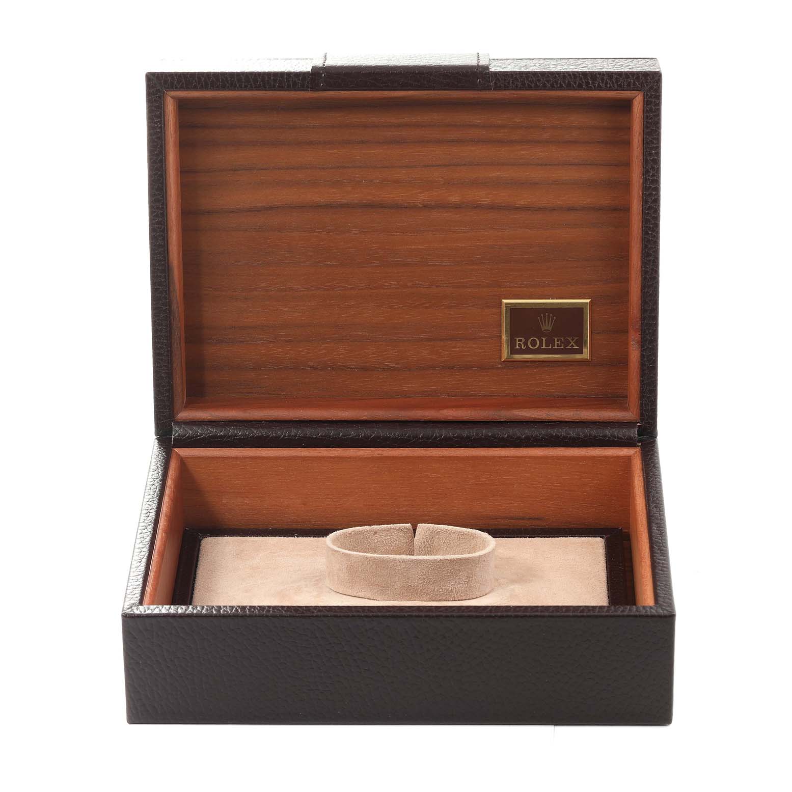 The image shows an open wooden box for the Rolex President 18038 Men's Yellow Gold Champagne Dial 18038 Men's Yellow Gold Champagne Dial model watch, displaying leather interior and the Rolex logo inside.