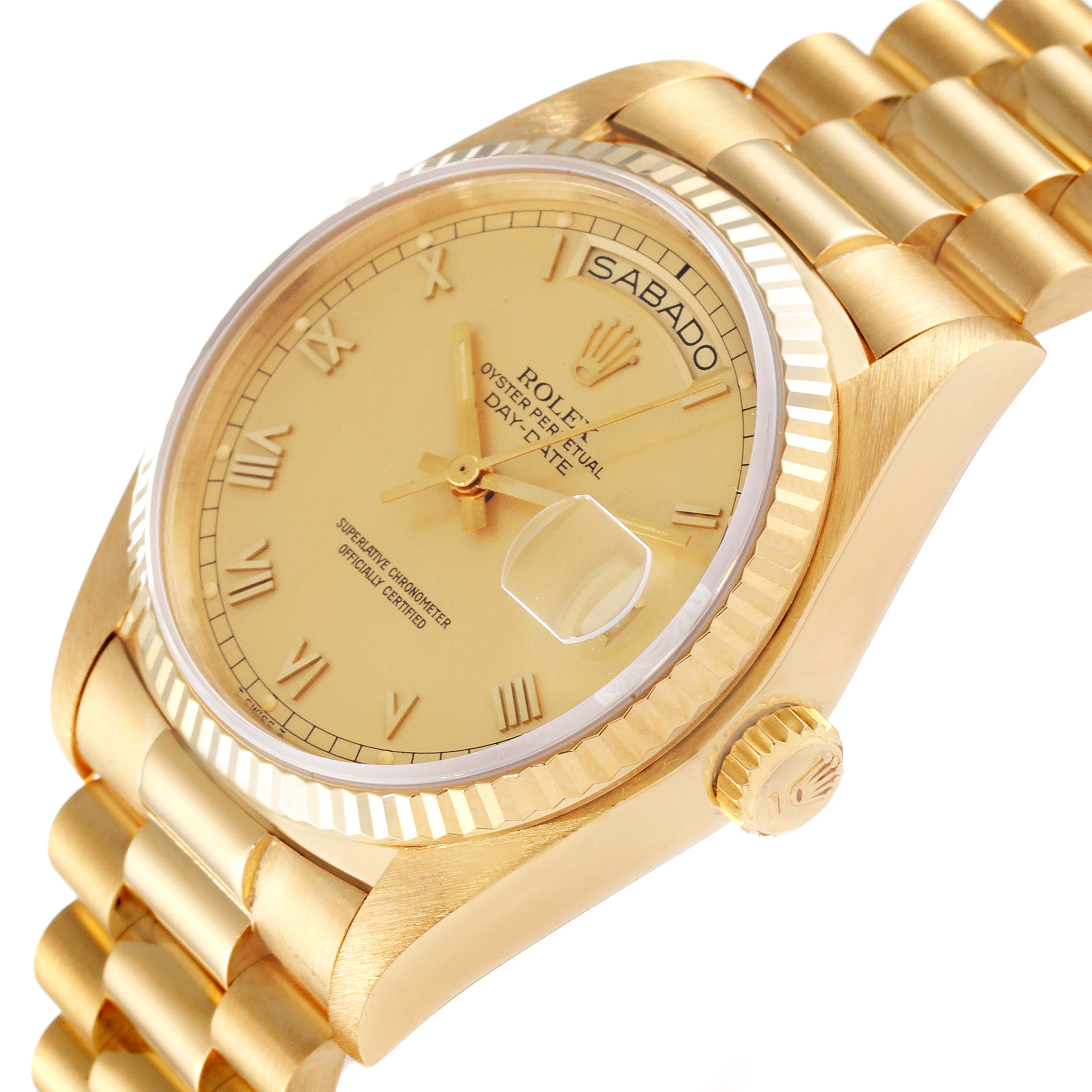 The image shows a close-up angle of the Rolex President 18038 Men's Yellow Gold Champagne Dial 18038 Men's Yellow Gold Champagne Dial model watch, highlighting the face, crown, bracelet, and day/date display.