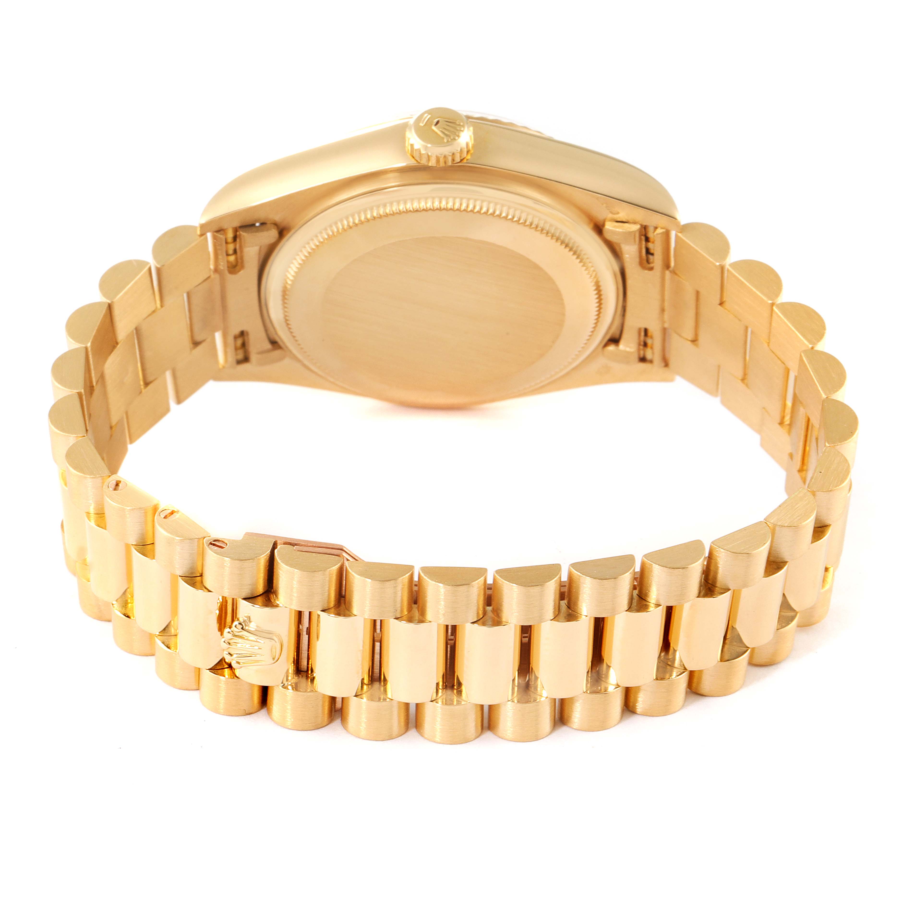 This image shows the back case and bracelet of a Rolex President 18038 Men's Yellow Gold Champagne Dial 18038 Men's Yellow Gold Champagne Dial watch from a rear angle.