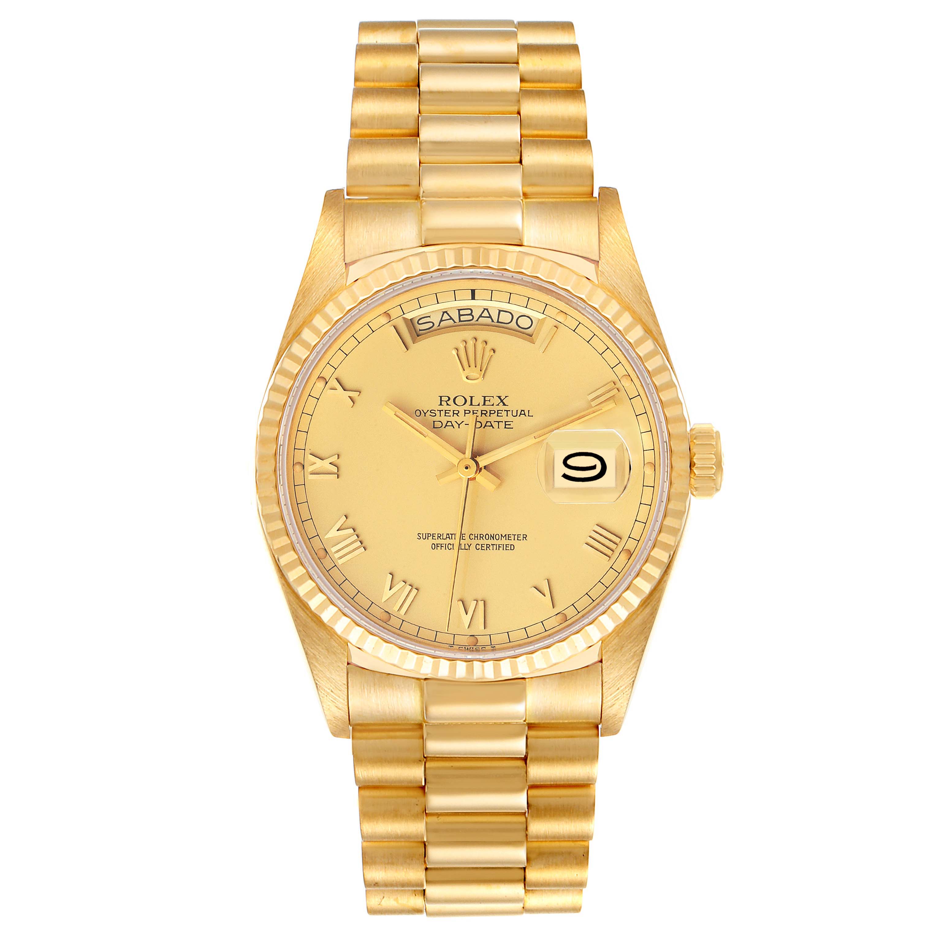 This image shows a frontal view of the Rolex President 18038 Men's Yellow Gold Champagne Dial 18038 Men's Yellow Gold Champagne Dial model watch, highlighting its gold case, bracelet, and dial details.