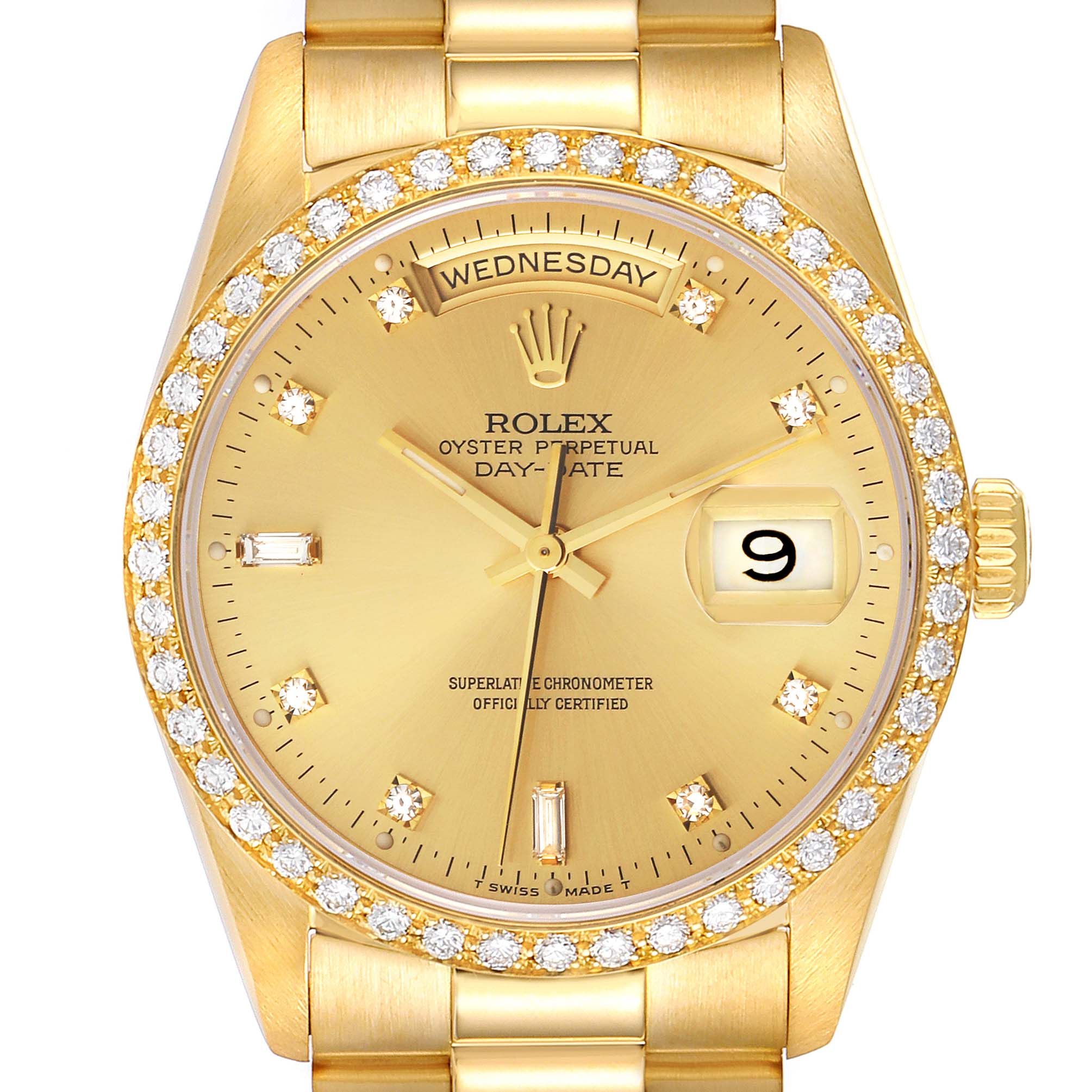 The image shows a front view of the Rolex President 18348 Men's Yellow Gold Champagne Dial 18348 Men's Yellow Gold Champagne Dial model watch, highlighting its dial, bezel with diamonds, and bracelet.