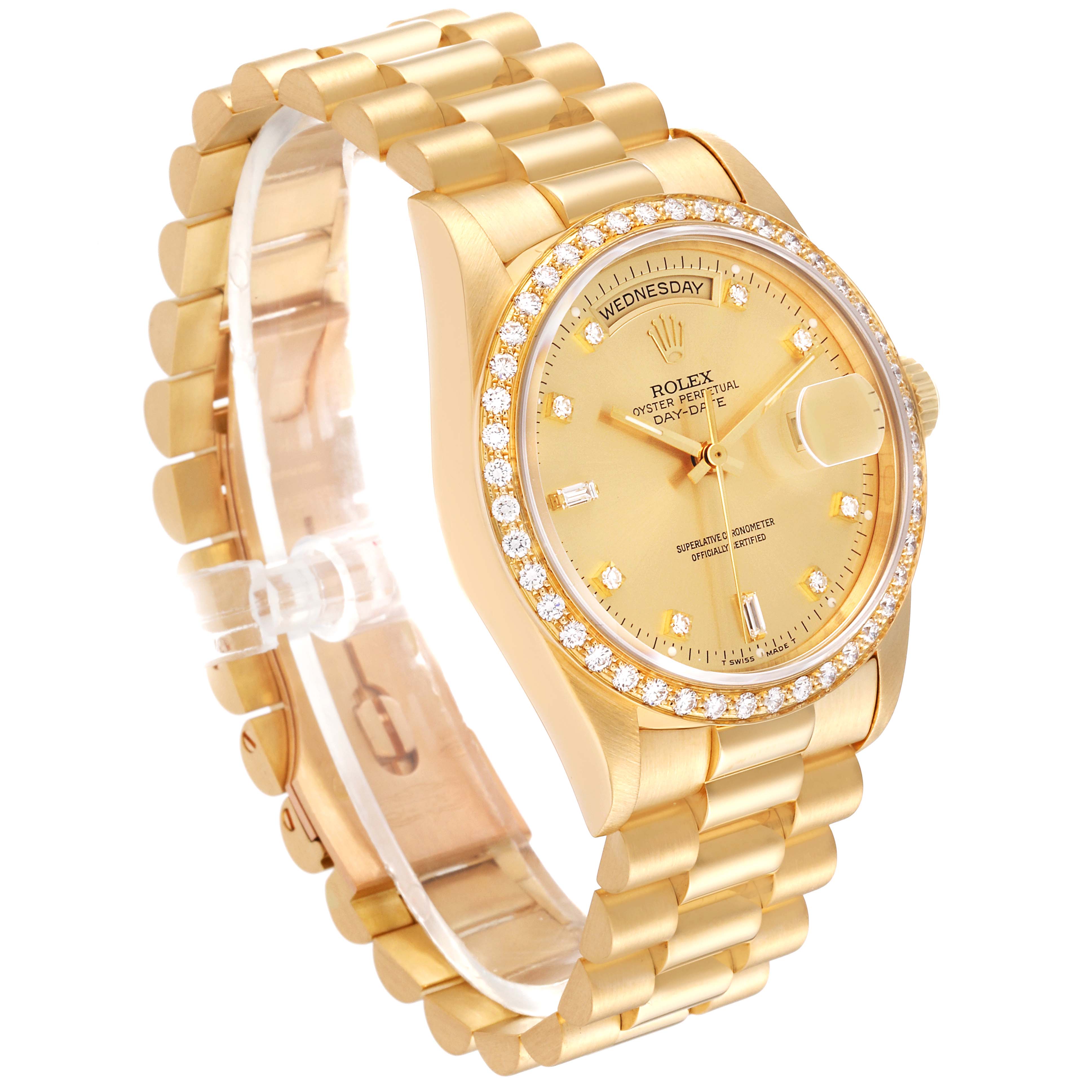 The image shows a Rolex President 18348 Men's Yellow Gold Champagne Dial 18348 Men's Yellow Gold Champagne Dial watch at a three-quarter angle, highlighting its bracelet, bezel, dial, and crown.