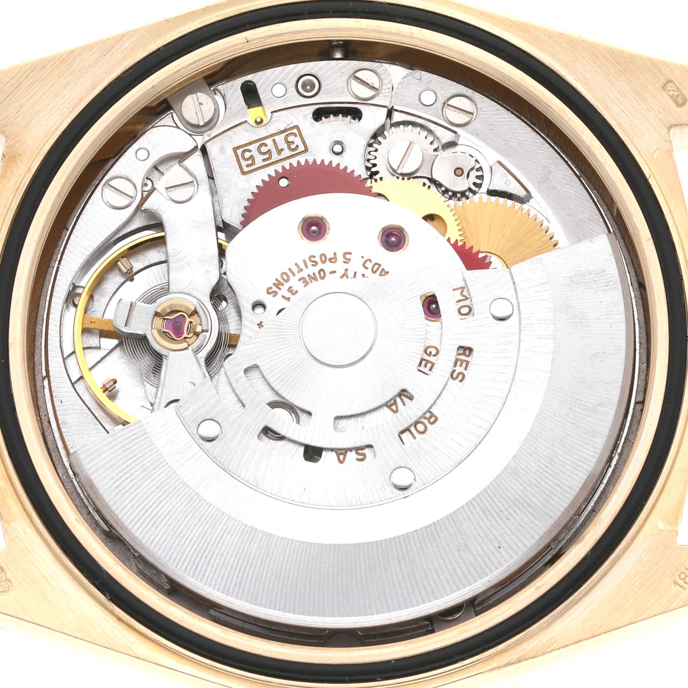 The image shows the back view of the internal mechanism of a Rolex President 18348 Men's Yellow Gold Champagne Dial 18348 Men's Yellow Gold Champagne Dial model watch with its intricate gears and components.
