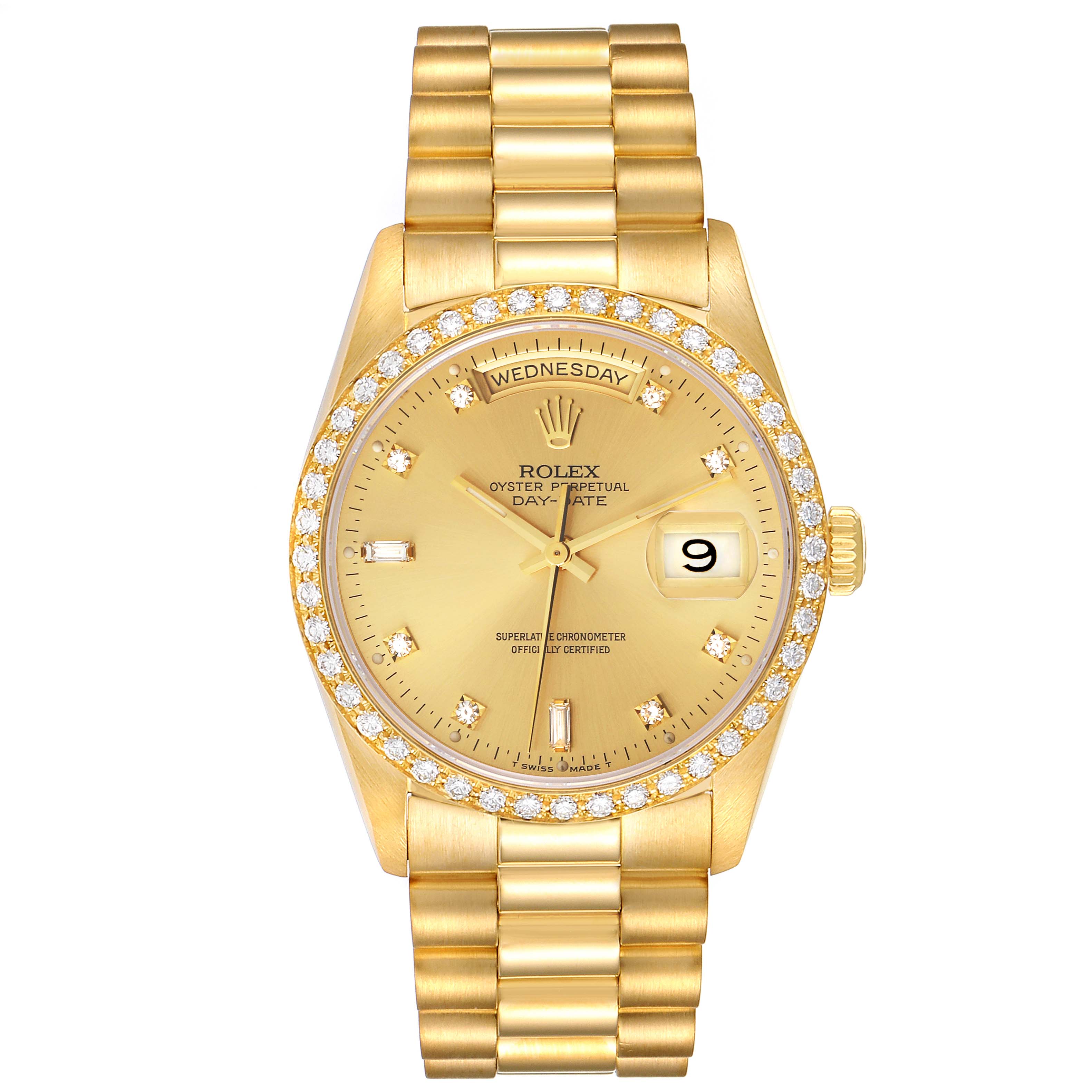 This image displays a front view of the President model watch by Rolex, showcasing the full face, band, and bezel.