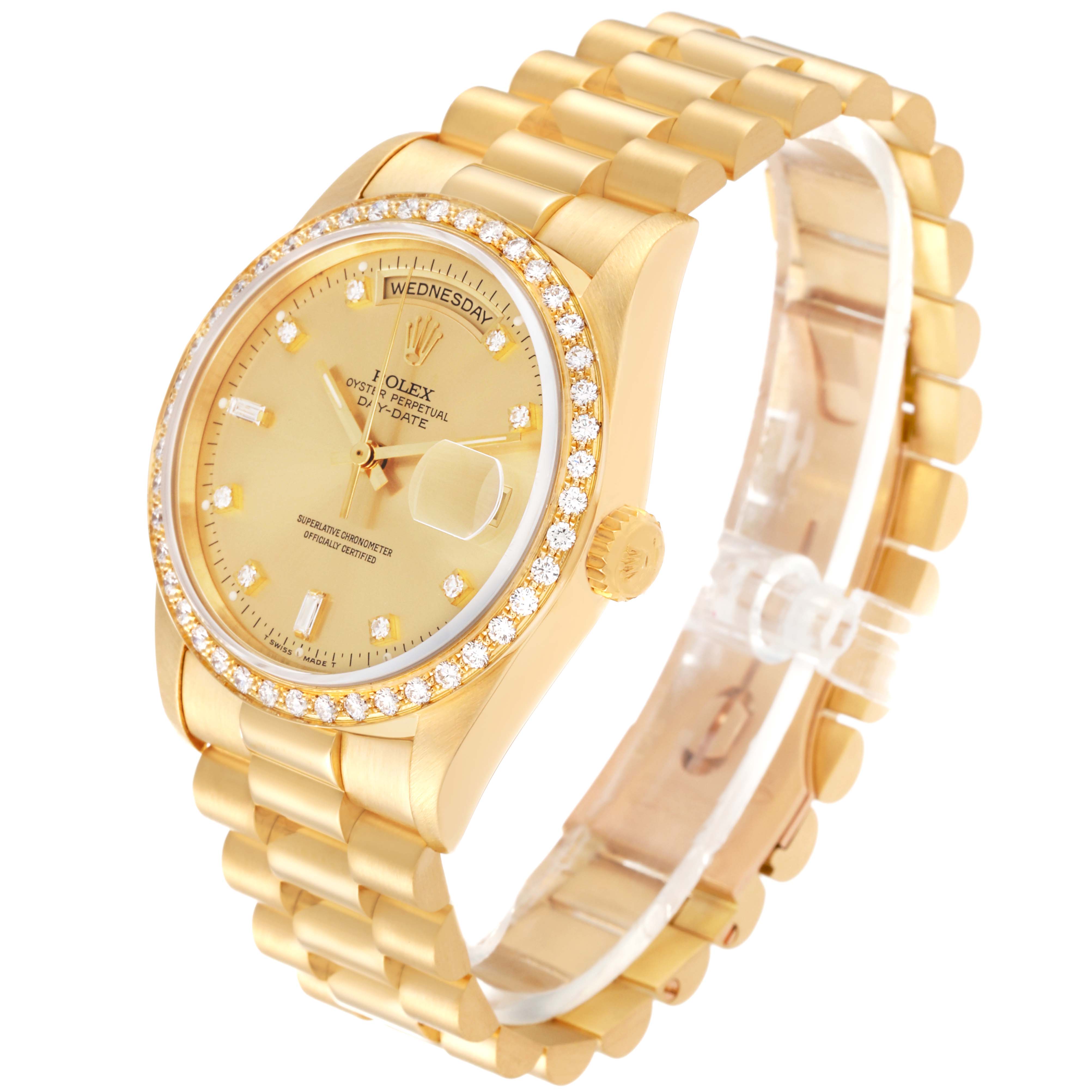 The image shows a Rolex President 18348 Men's Yellow Gold Champagne Dial 18348 Men's Yellow Gold Champagne Dial watch's front and side profile, highlighting its gold finish and diamond bezel.