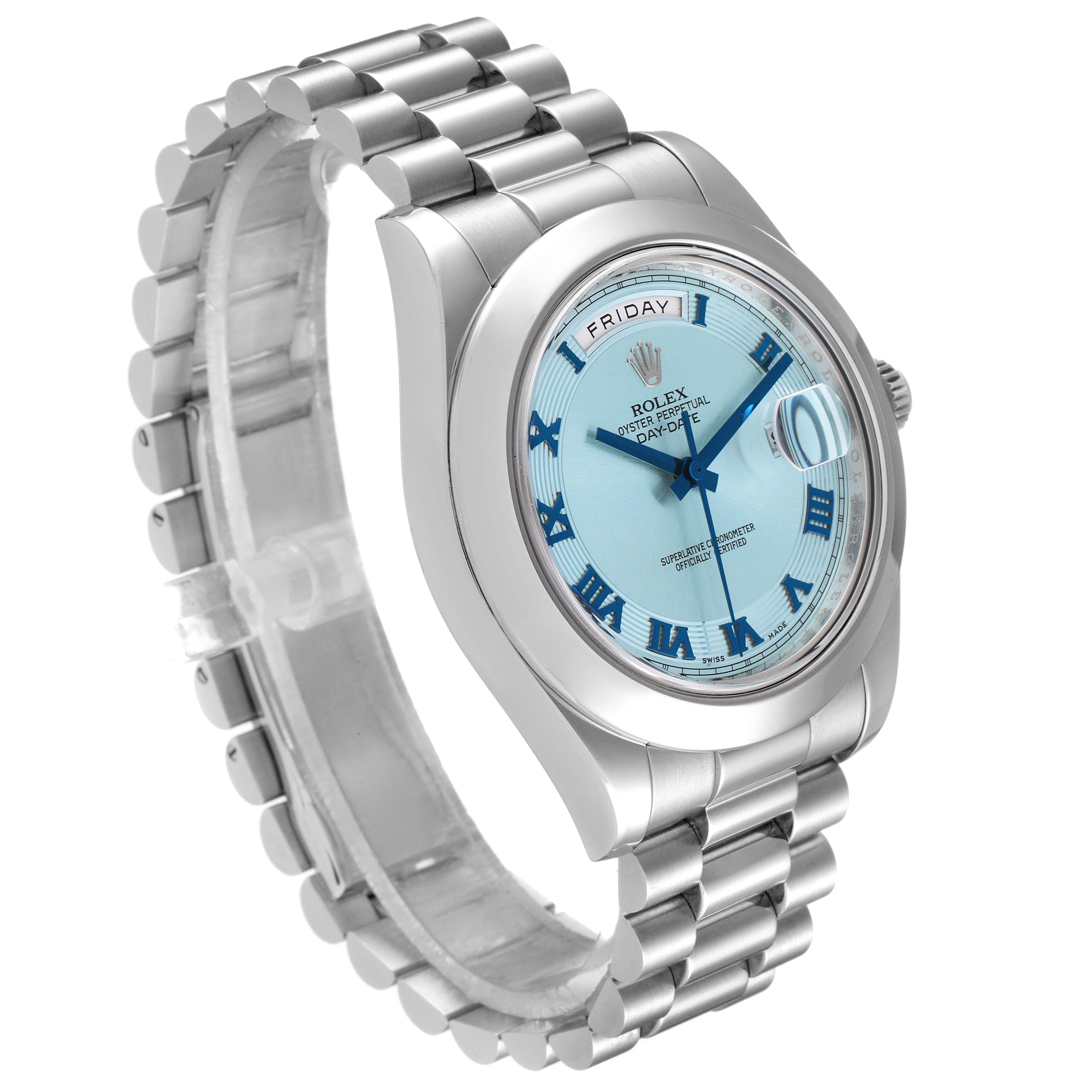 The image displays a Rolex President 218206 Men's Platinum Blue Dial 218206 Men's Platinum Blue Dial model watch at a three-quarter angle, showcasing the face, bezel, and bracelet.