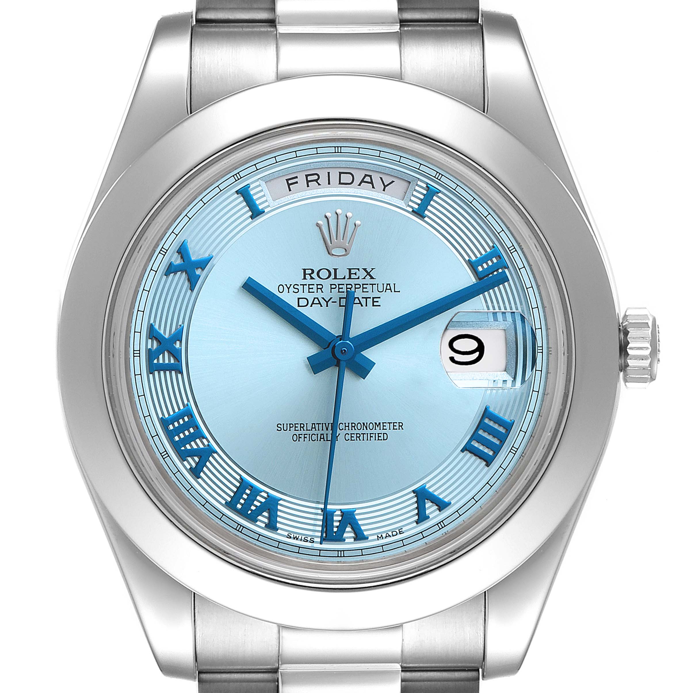 Rolex President Day-Date II Ice Blue Dial Platinum Mens Watch 218206 Box  Card