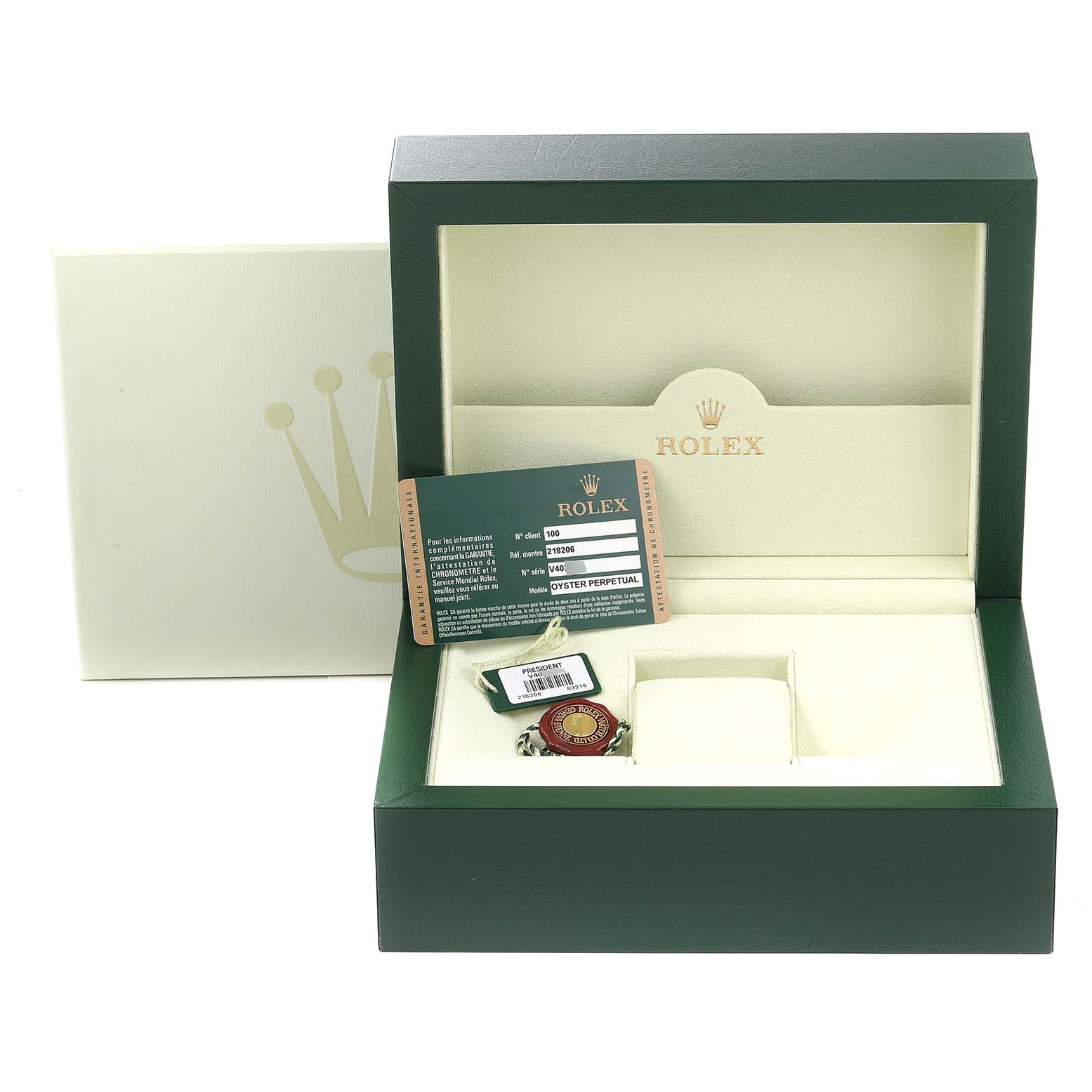 The image shows a Rolex President 218206 Men's Platinum Blue Dial 218206 Men's Platinum Blue Dial model watch box, warranty card, tags, and an empty watch pillow.