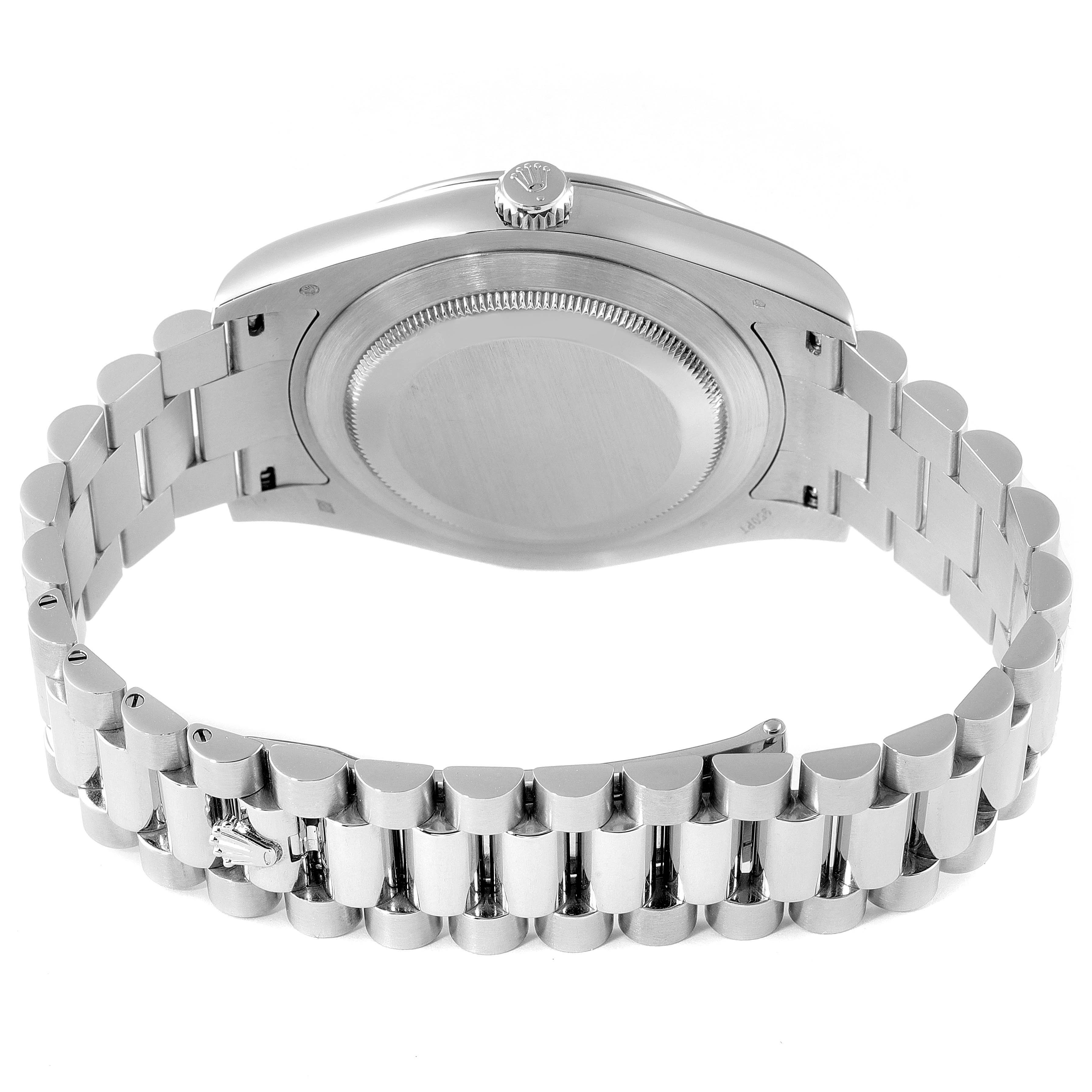 This image shows the back case and bracelet of a Rolex President 218206 Men's Platinum Blue Dial 218206 Men's Platinum Blue Dial model watch at a rear angle.