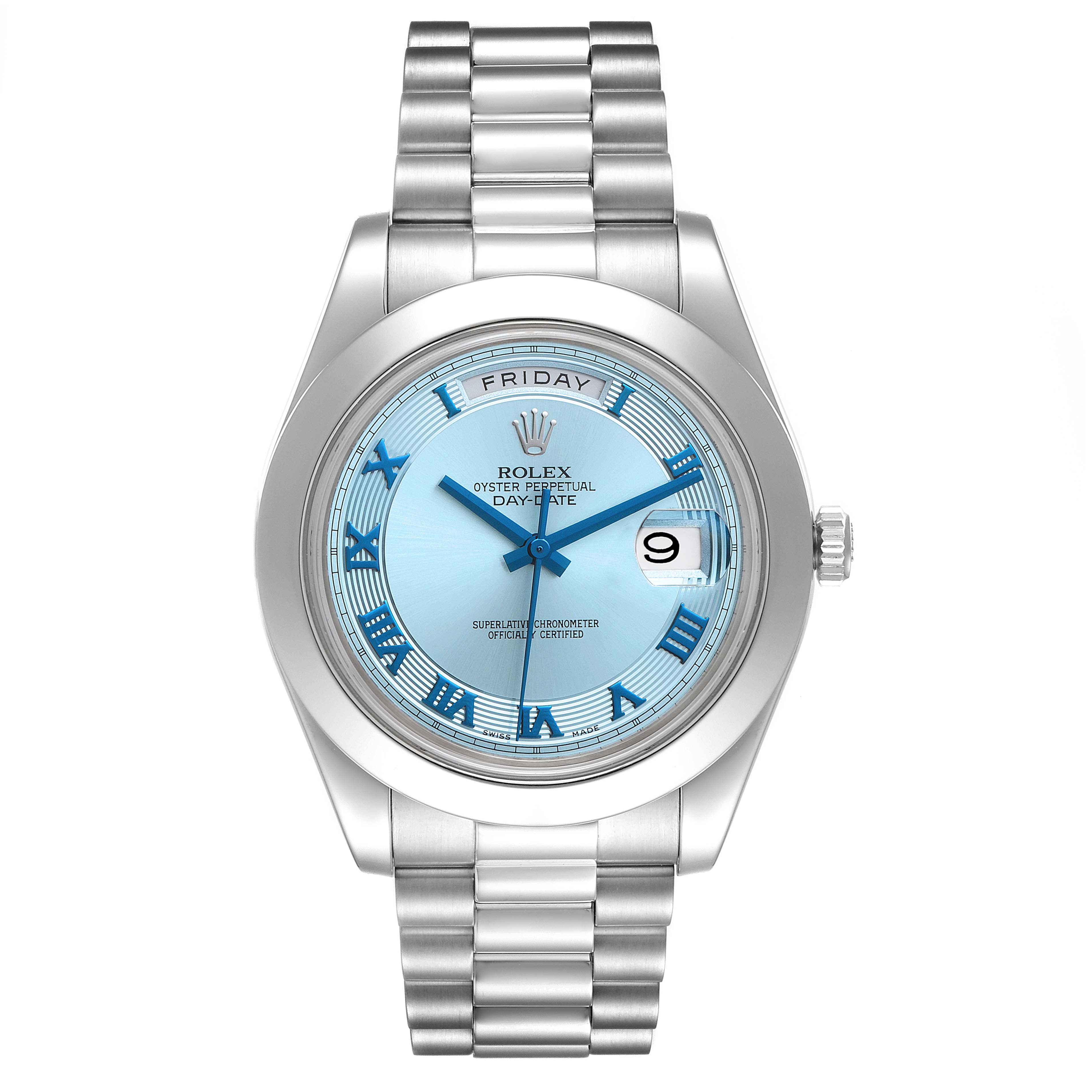 The image shows a Rolex President 218206 Men's Platinum Blue Dial 218206 Men's Platinum Blue Dial model watch from a frontal view, highlighting its dial, bracelet, and crown.