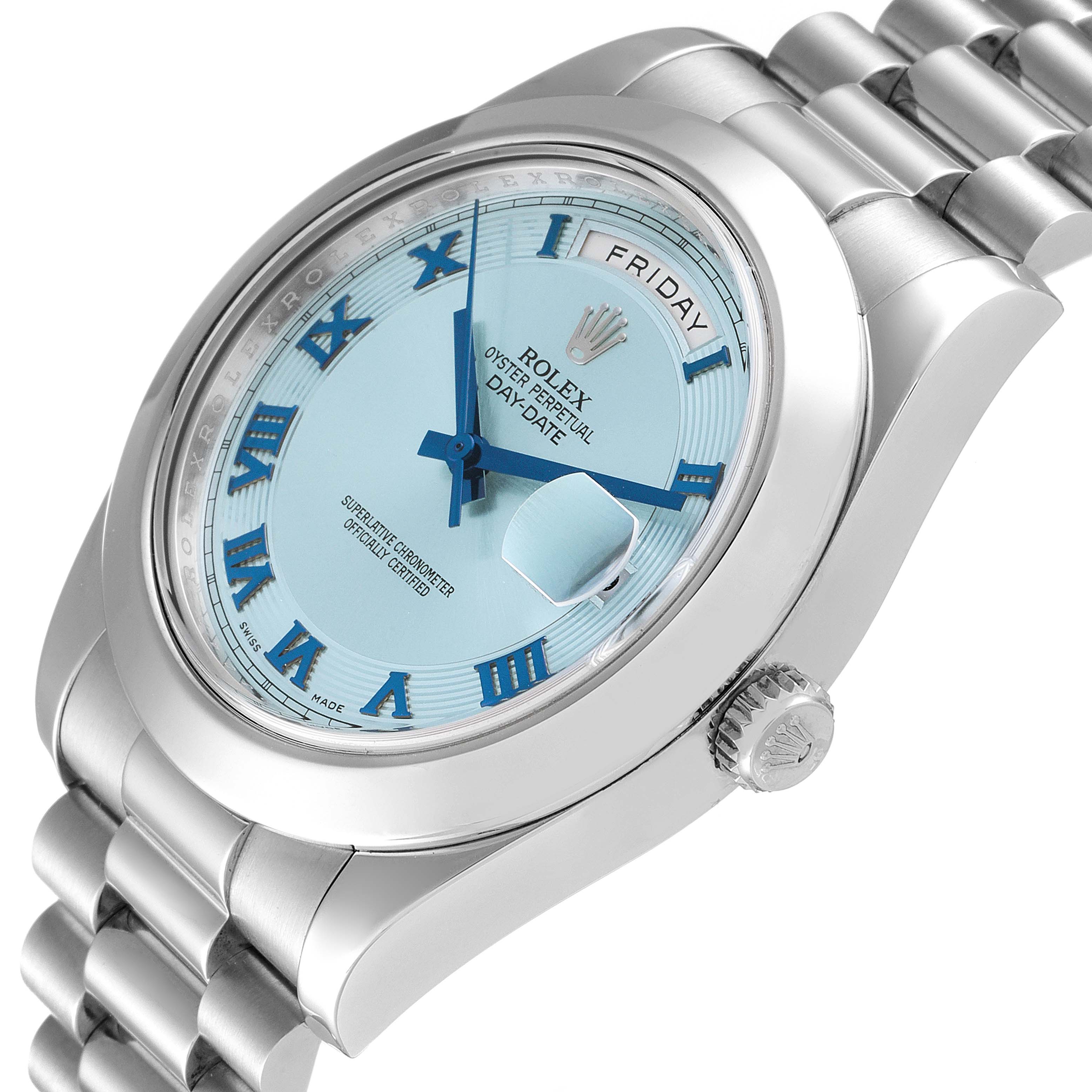 The image shows a side-angle view of a Rolex President 218206 Men's Platinum Blue Dial 218206 Men's Platinum Blue Dial model watch, highlighting its face, crown, and bracelet.