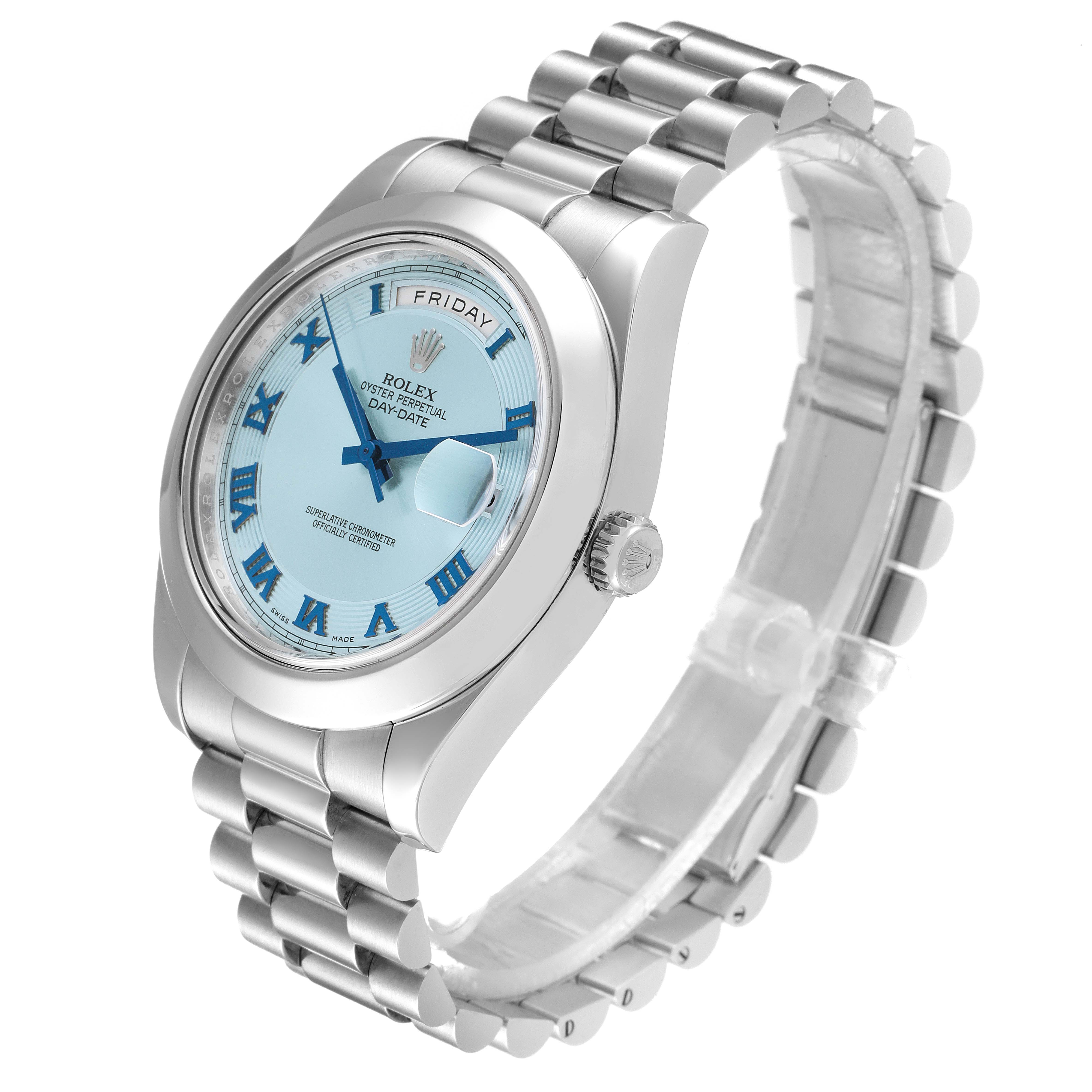 This image shows a Rolex President 218206 Men's Platinum Blue Dial 218206 Men's Platinum Blue Dial model watch, angled to display the dial, bracelet, and crown.