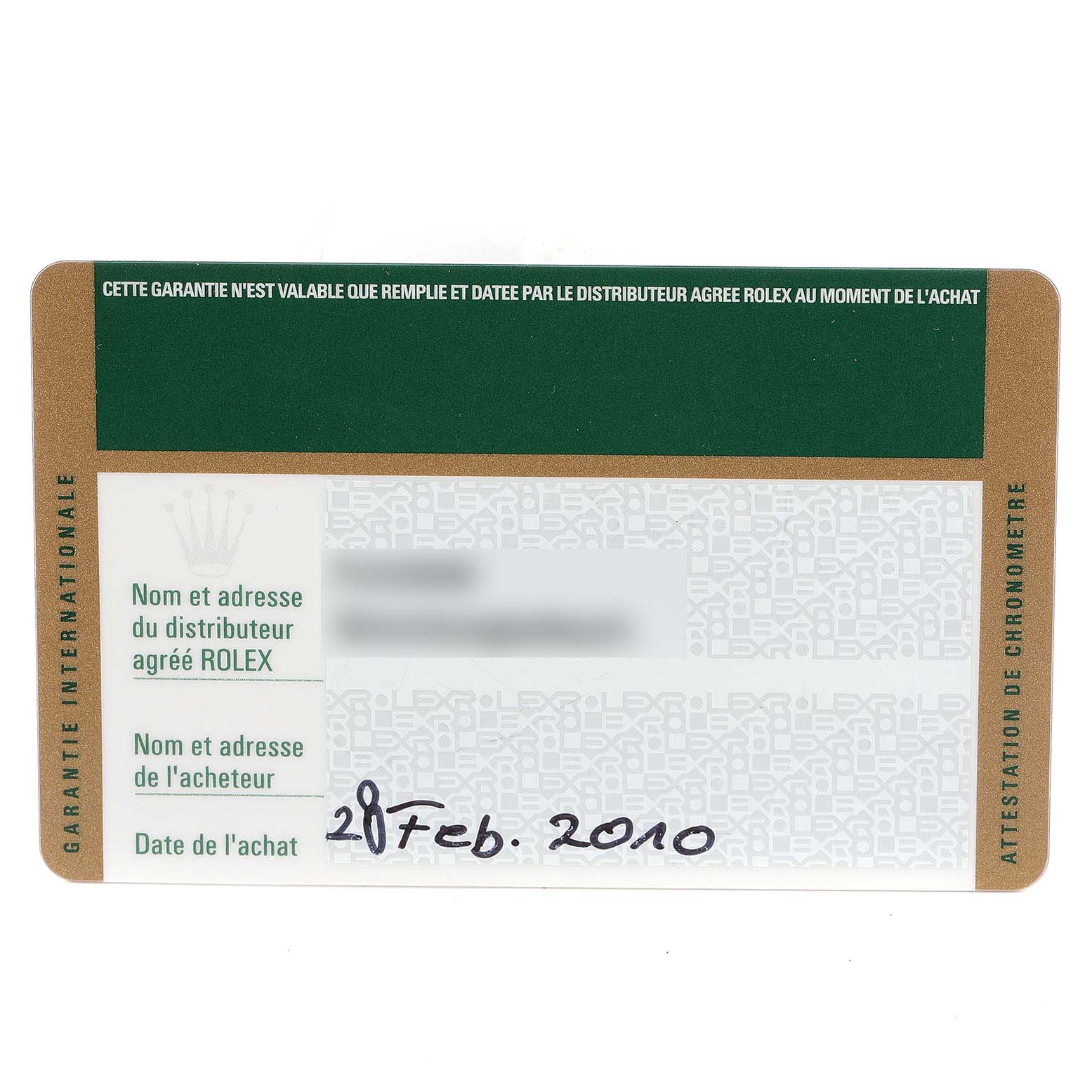 This image shows the international warranty card for the Rolex President 218206 Men's Platinum Blue Dial 218206 Men's Platinum Blue Dial model.