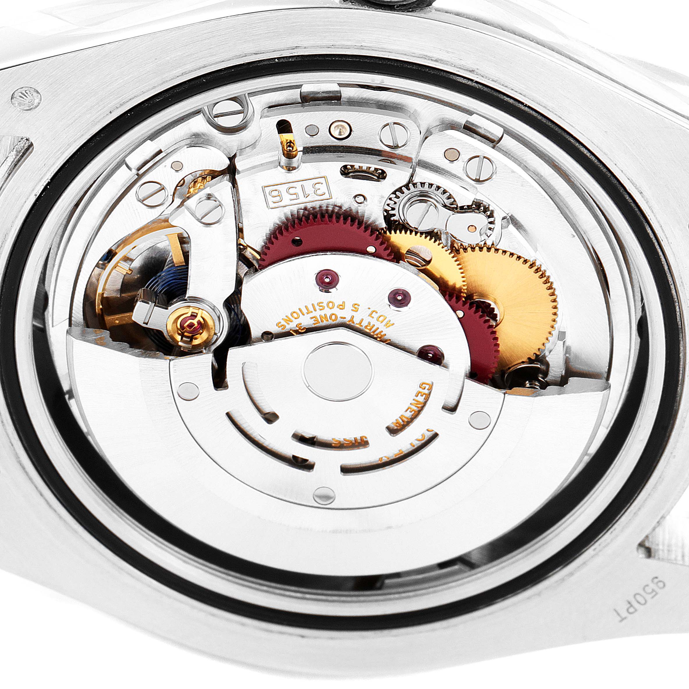 The image shows the open back view of the internal mechanisms of the Rolex President 218206 Men's Platinum Blue Dial 218206 Men's Platinum Blue Dial model watch.