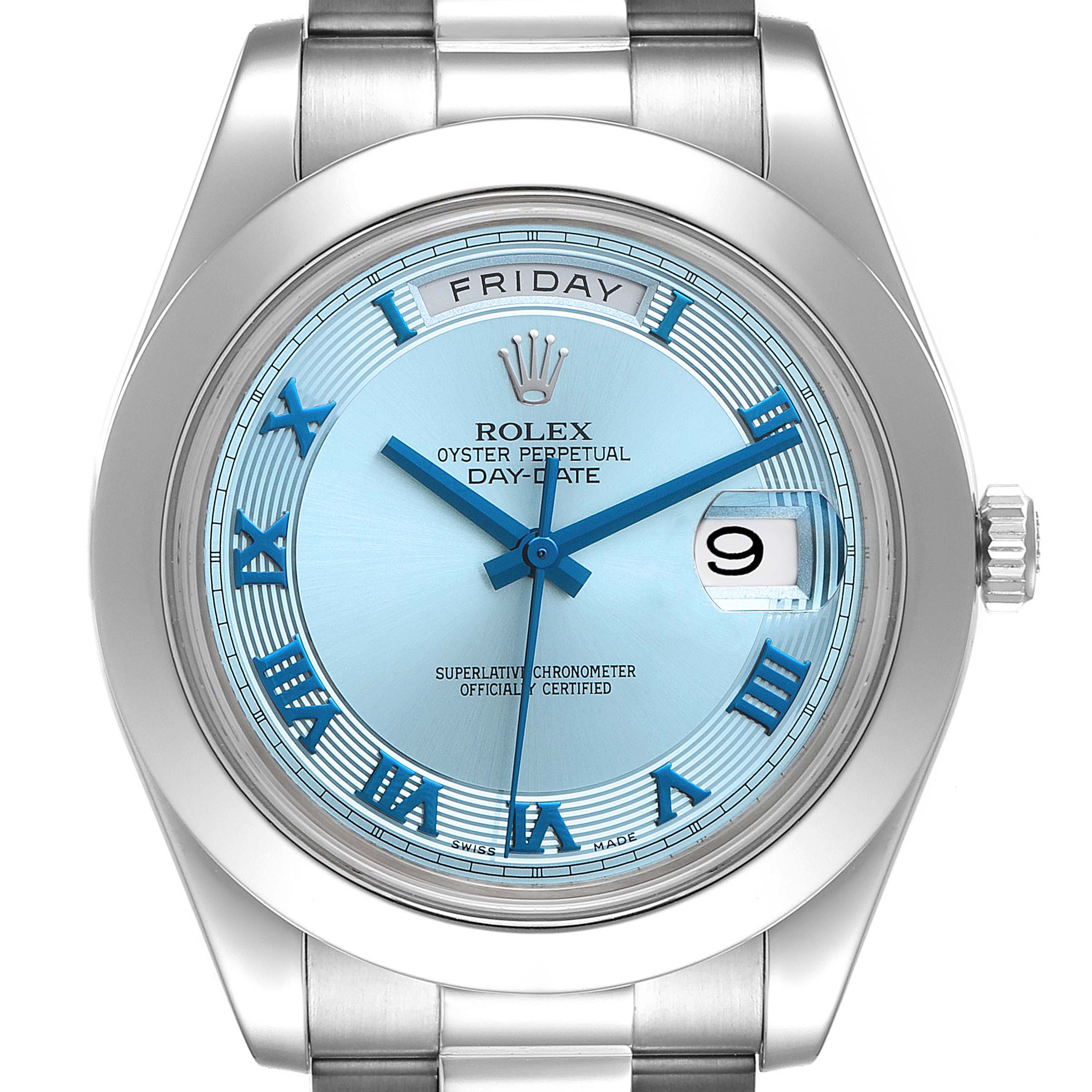 This image shows a frontal view of the dial and bracelet of a Rolex President 218206 Men's Platinum Blue Dial 218206 Men's Platinum Blue Dial Oyster Perpetual Day-Date watch.