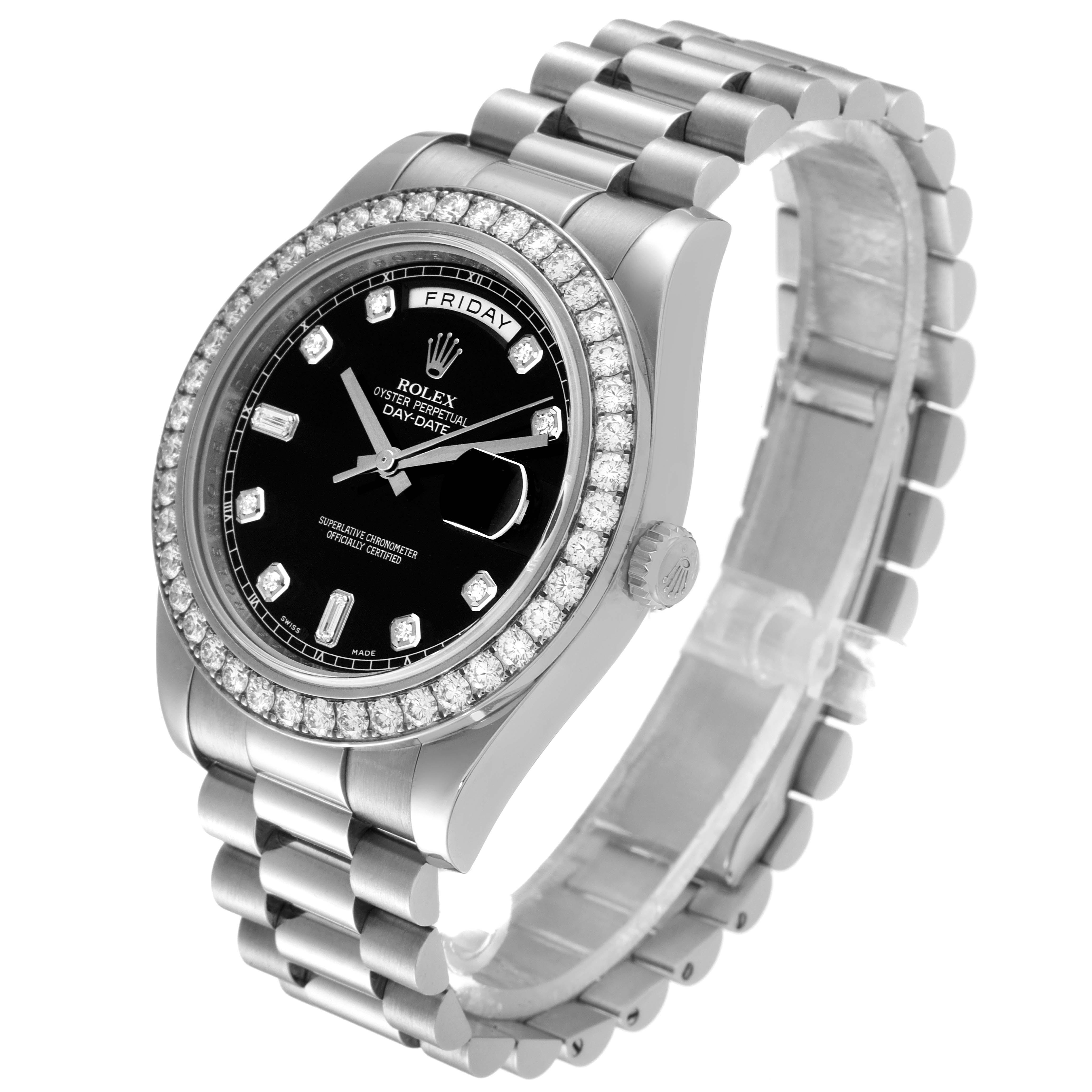 The image shows a Rolex President 218349 Men's White Gold Black Dial 218349 Men's White Gold Black Dial model watch at a three-quarter angle, highlighting its bracelet, bezel, crown, and dial.