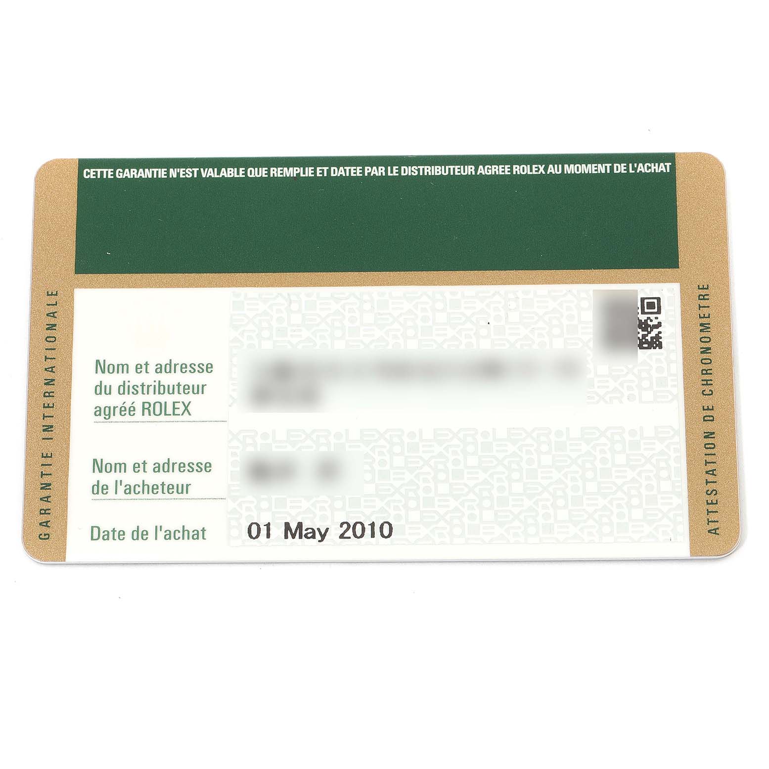 This is a warranty card for the Rolex President 218349 Men's White Gold Black Dial 218349 Men's White Gold Black Dial model, showing purchase details and dealer information.